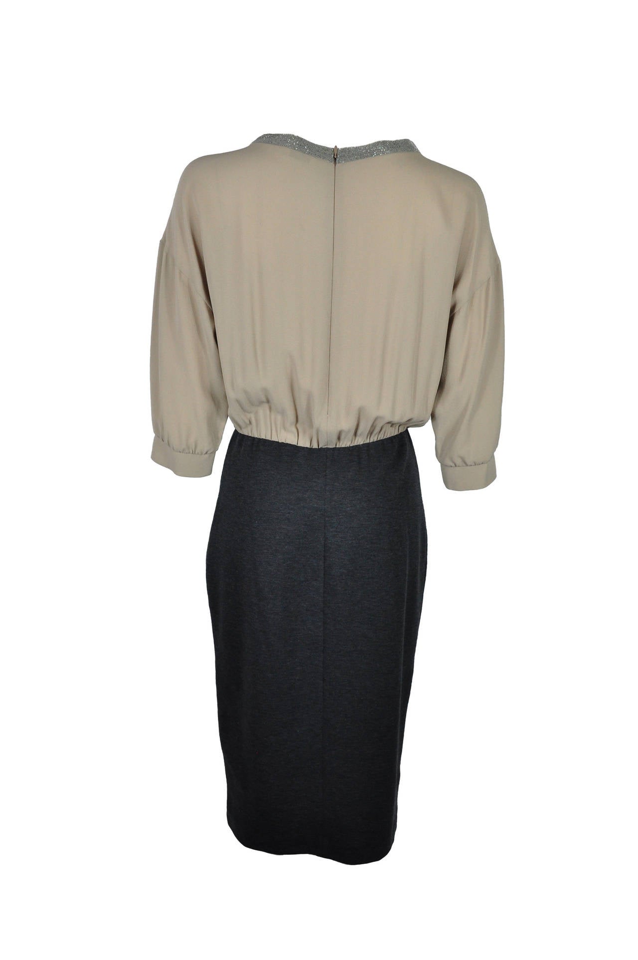 Black Brunello Cucinelli Taupe silk & Grey Cotton Monili Beaded Collar Dress New For Sale