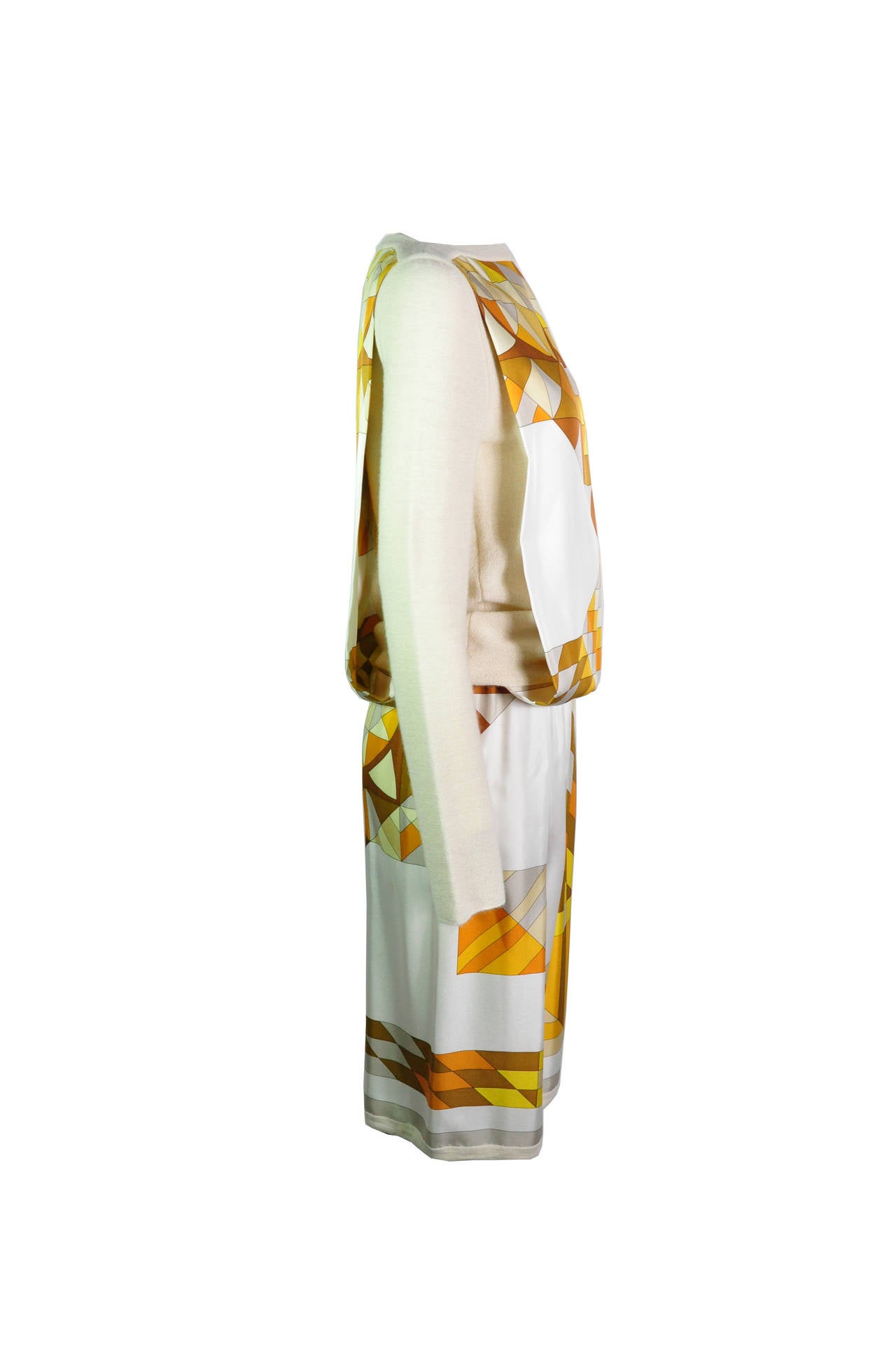 Beige Hermes 2011 Fall-winter Runway Scarf Print Alpaca Knit Top & Skirt Suit