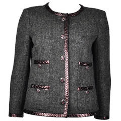 Chanel 2013 Python Trim & Herringbone Dark Grey Jacket FR38