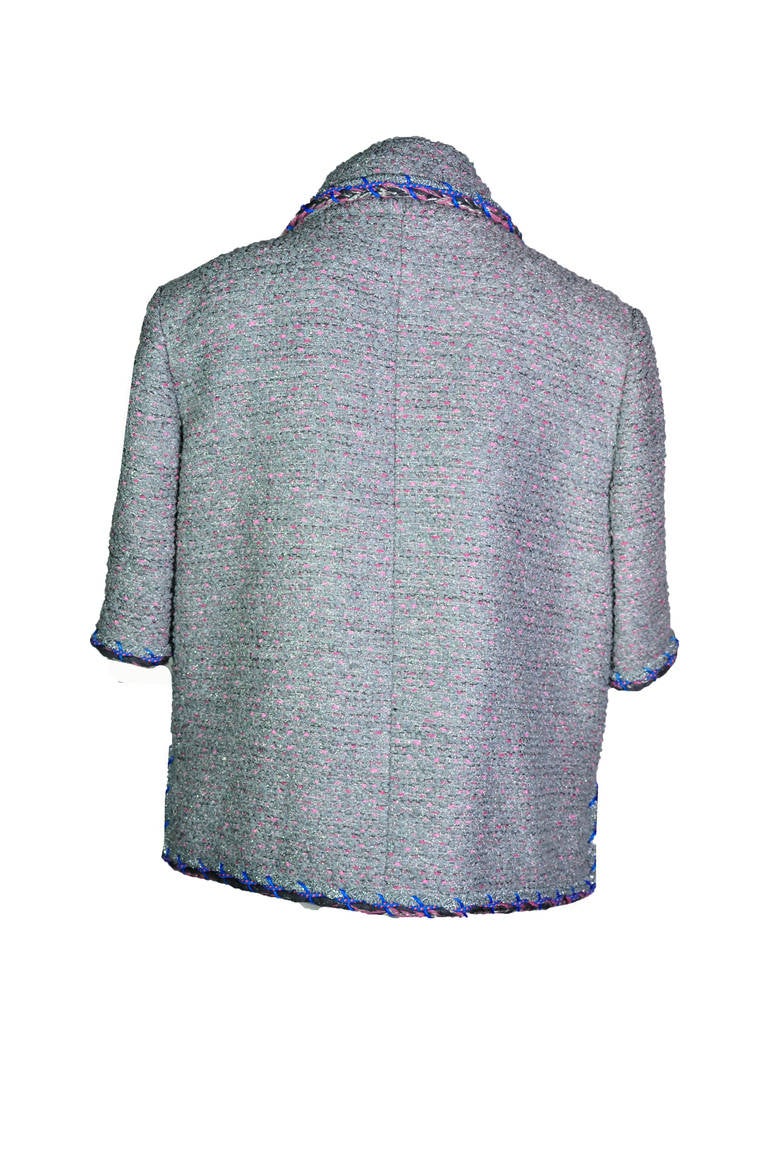 Gray Chanel 2014 S/S Silver Grey and Pink Fantasy Tweed Jacket FR38