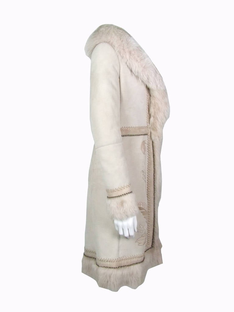 Roberto Cavalli  Nude Beige Sherling Coat with Python Embroidery In New Condition For Sale In Hong Kong, Hong Kong