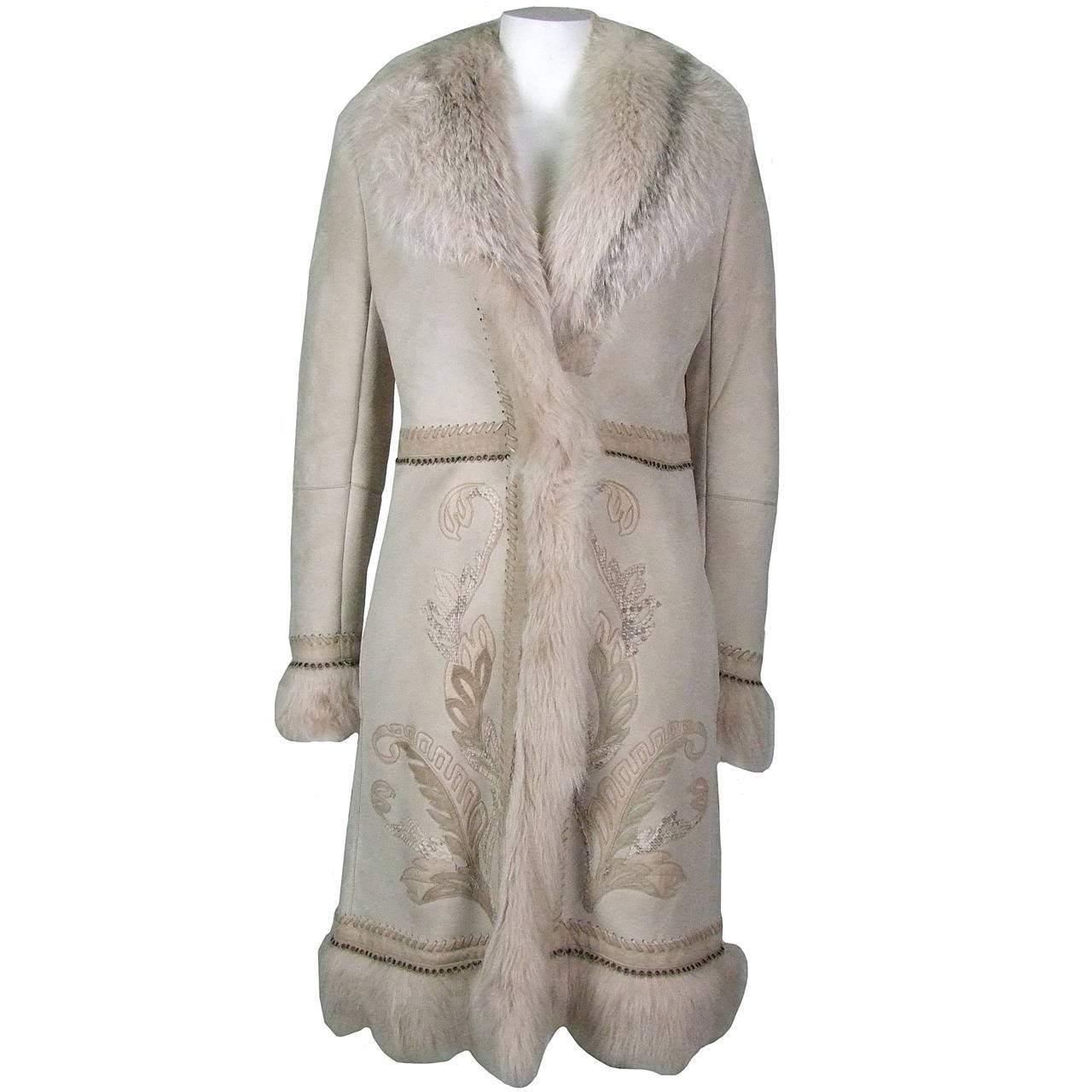 Roberto Cavalli  Nude Beige Sherling Coat with Python Embroidery For Sale