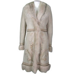 Roberto Cavalli  Nude Beige Sherling Coat with Python Embroidery