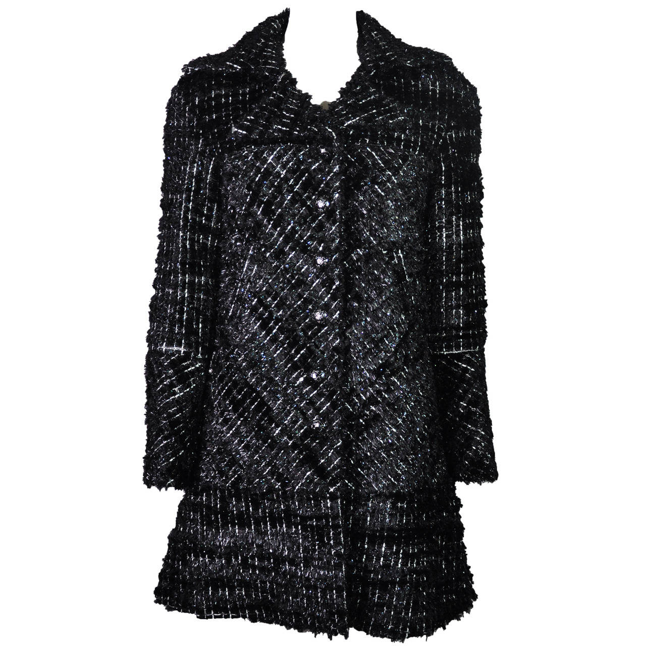 Chanel 2013 F/W Runway Metallic Black & White Fringed Tweed Jacket New FR38 For Sale