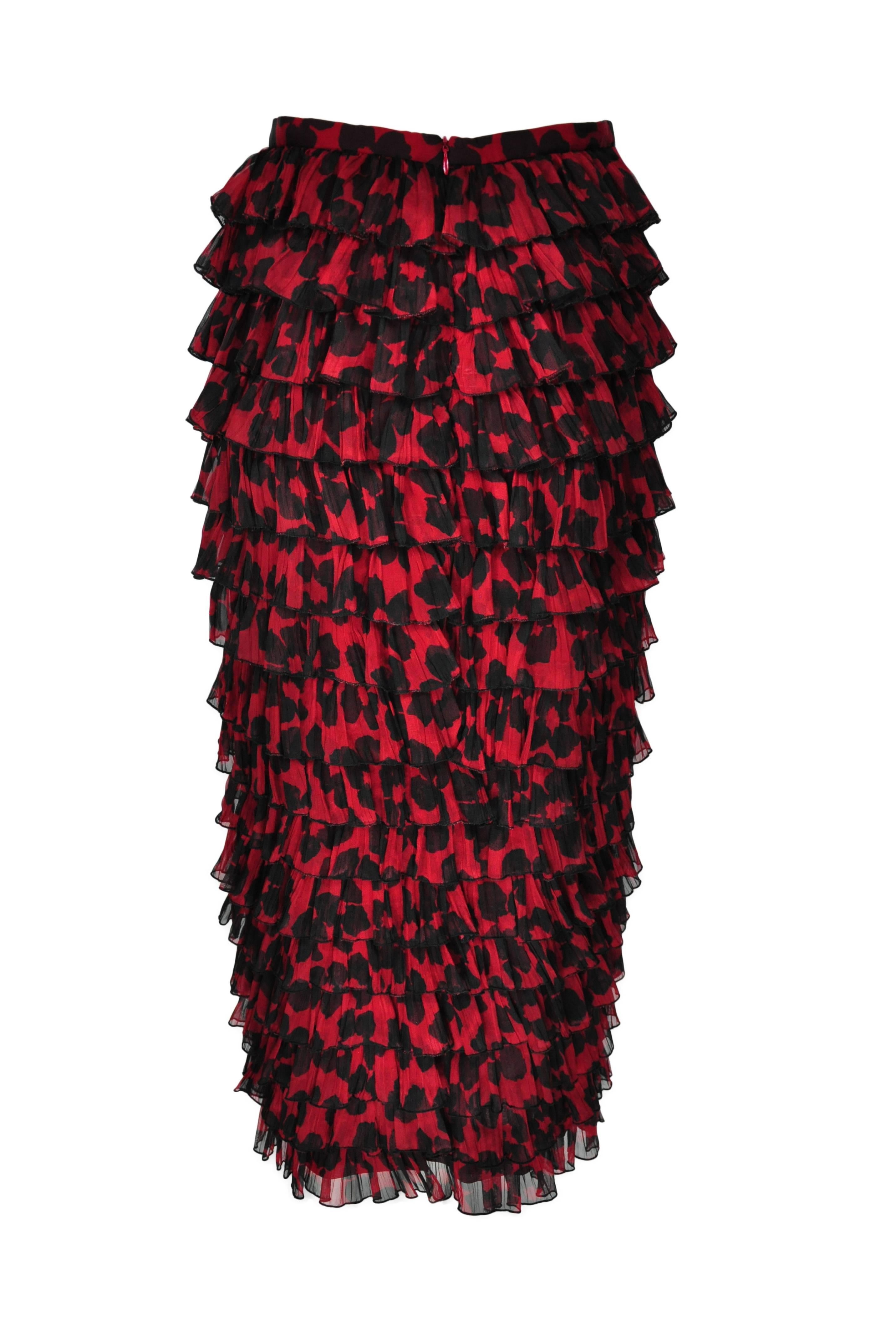 Dries Van  Noten Black & Red Printed Maxi Tiered Skirt In Excellent Condition In Hong Kong, Hong Kong