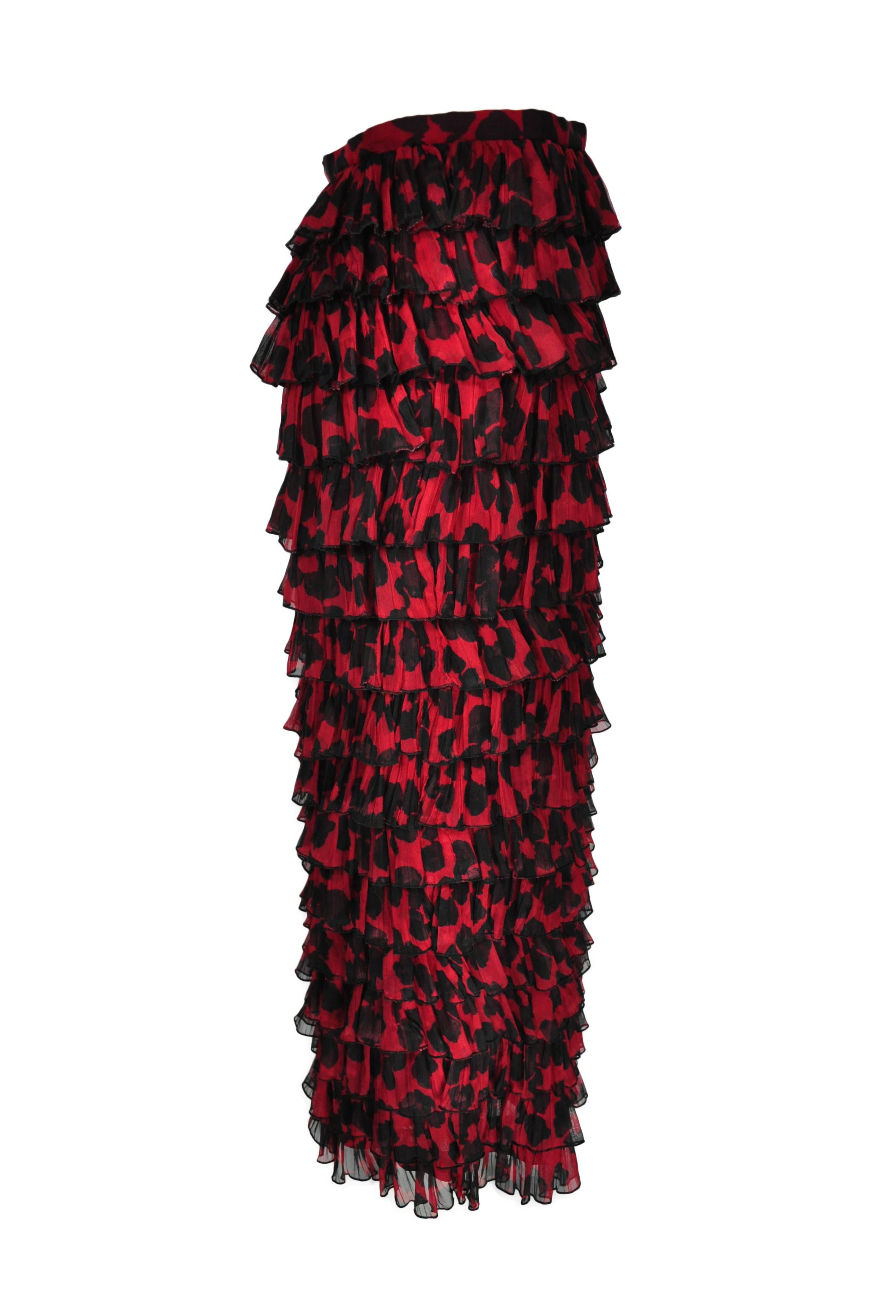Women's Dries Van  Noten Black & Red Printed Maxi Tiered Skirt