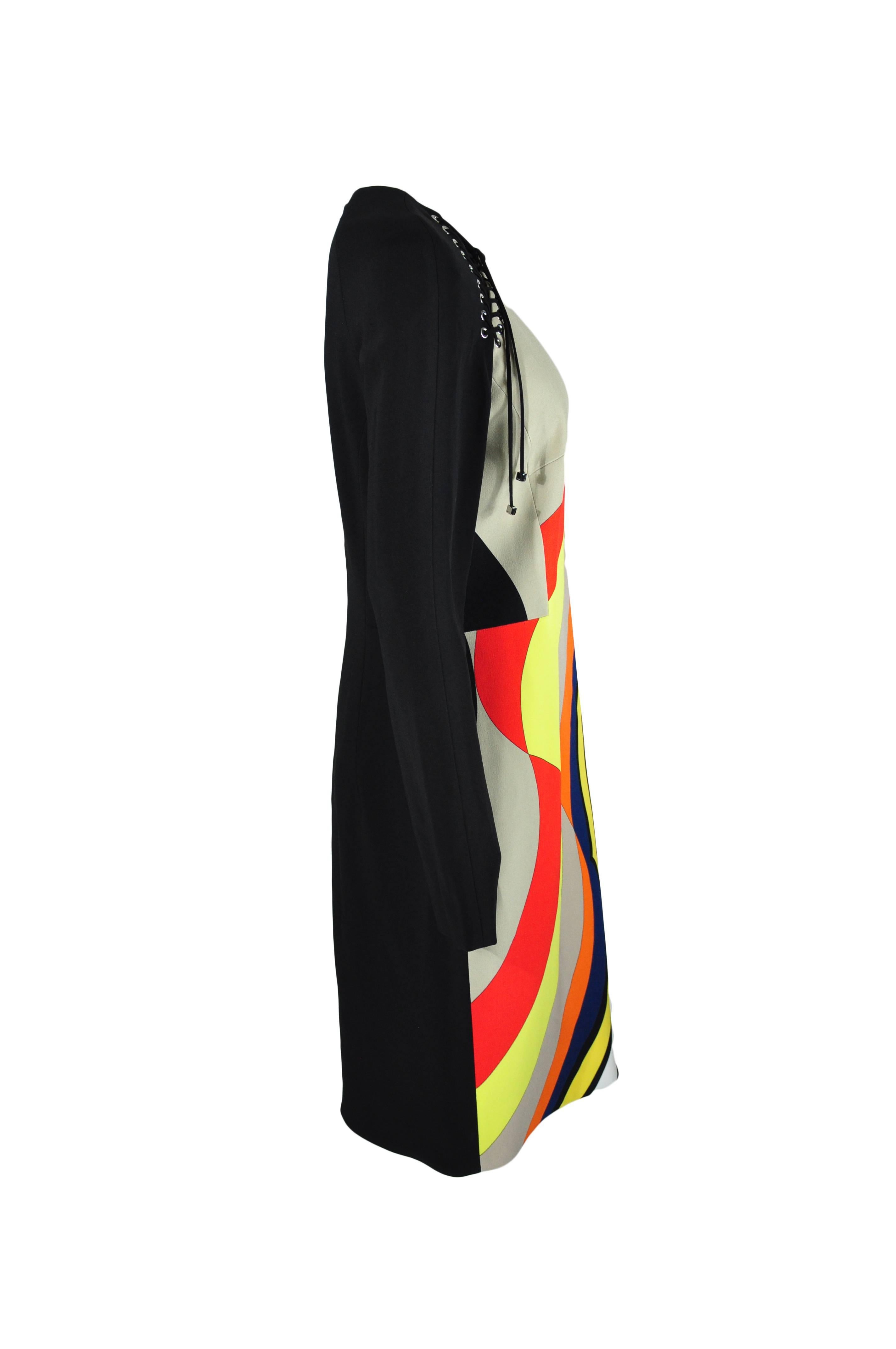 Emilio Pucci Multi-color Print Long Sleeves Lace up Knee Length Dress New In New Condition For Sale In Hong Kong, Hong Kong