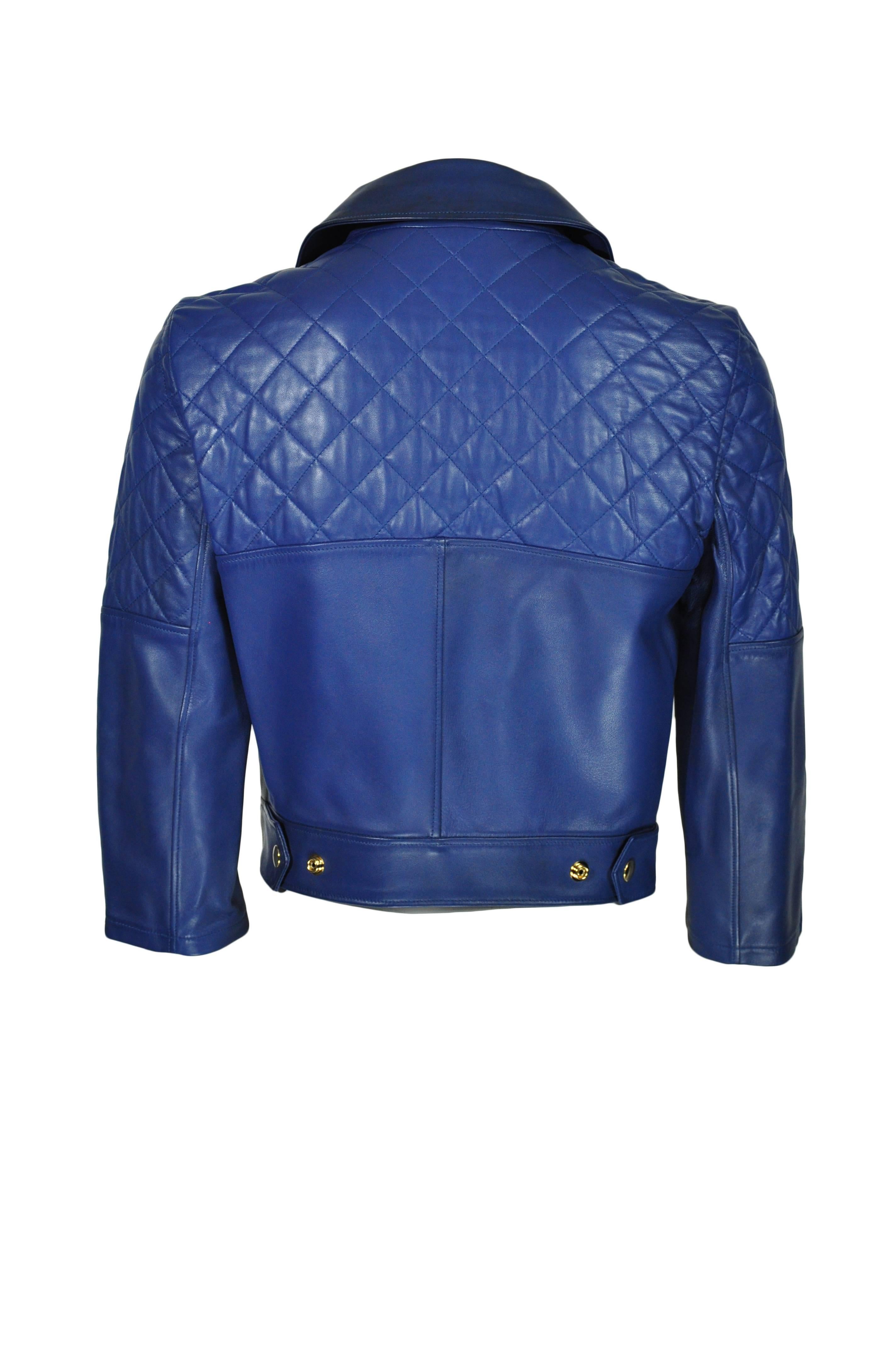 Women's Yves Saint Laurent Blue Quilted Leather Biker Jacket FR36 New For Sale