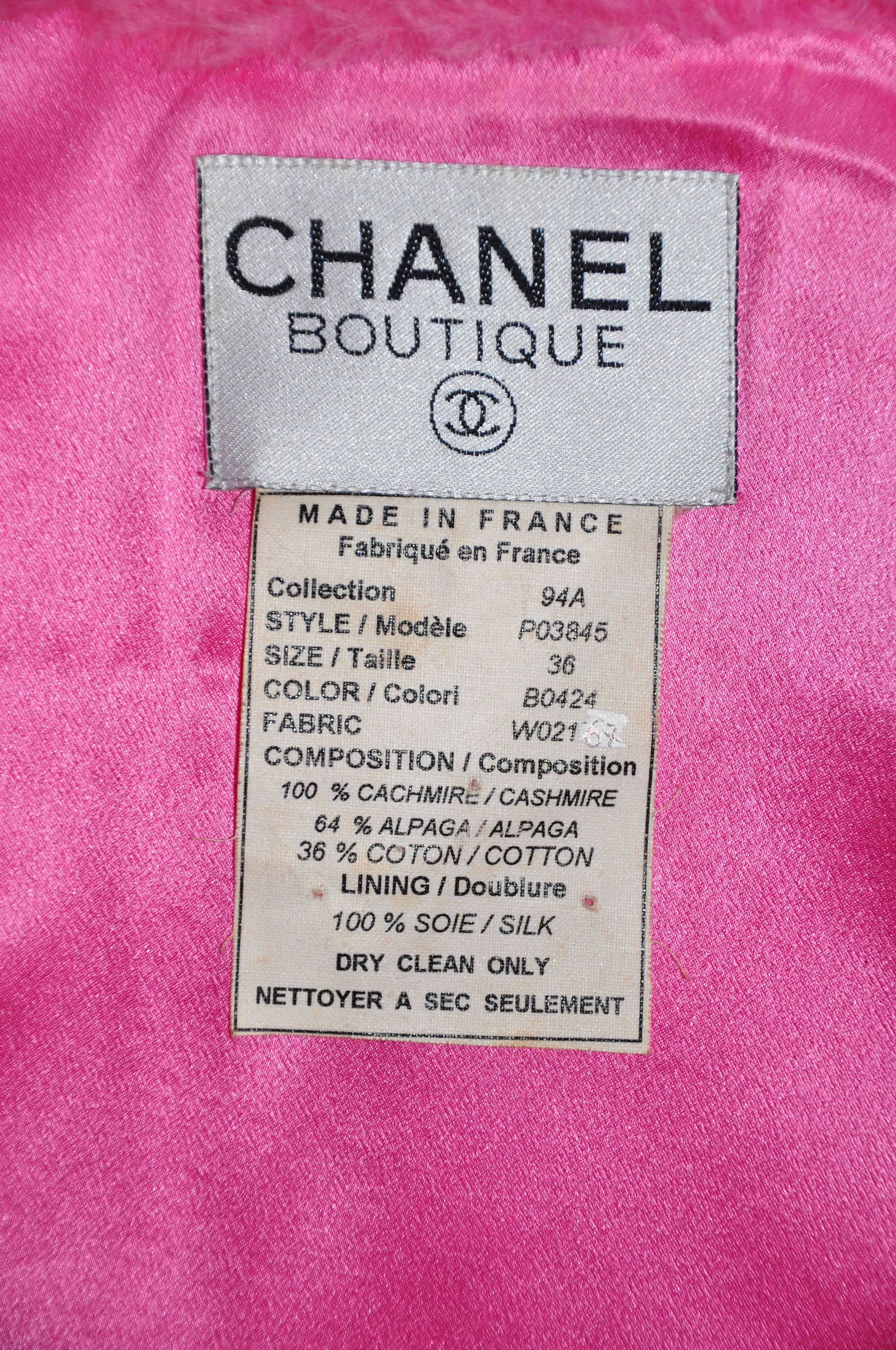 Chanel 94A Hot Pink 4 Pockets  Cashmere Trimmed Alpaga/Cotton Vest FR36 For Sale 1