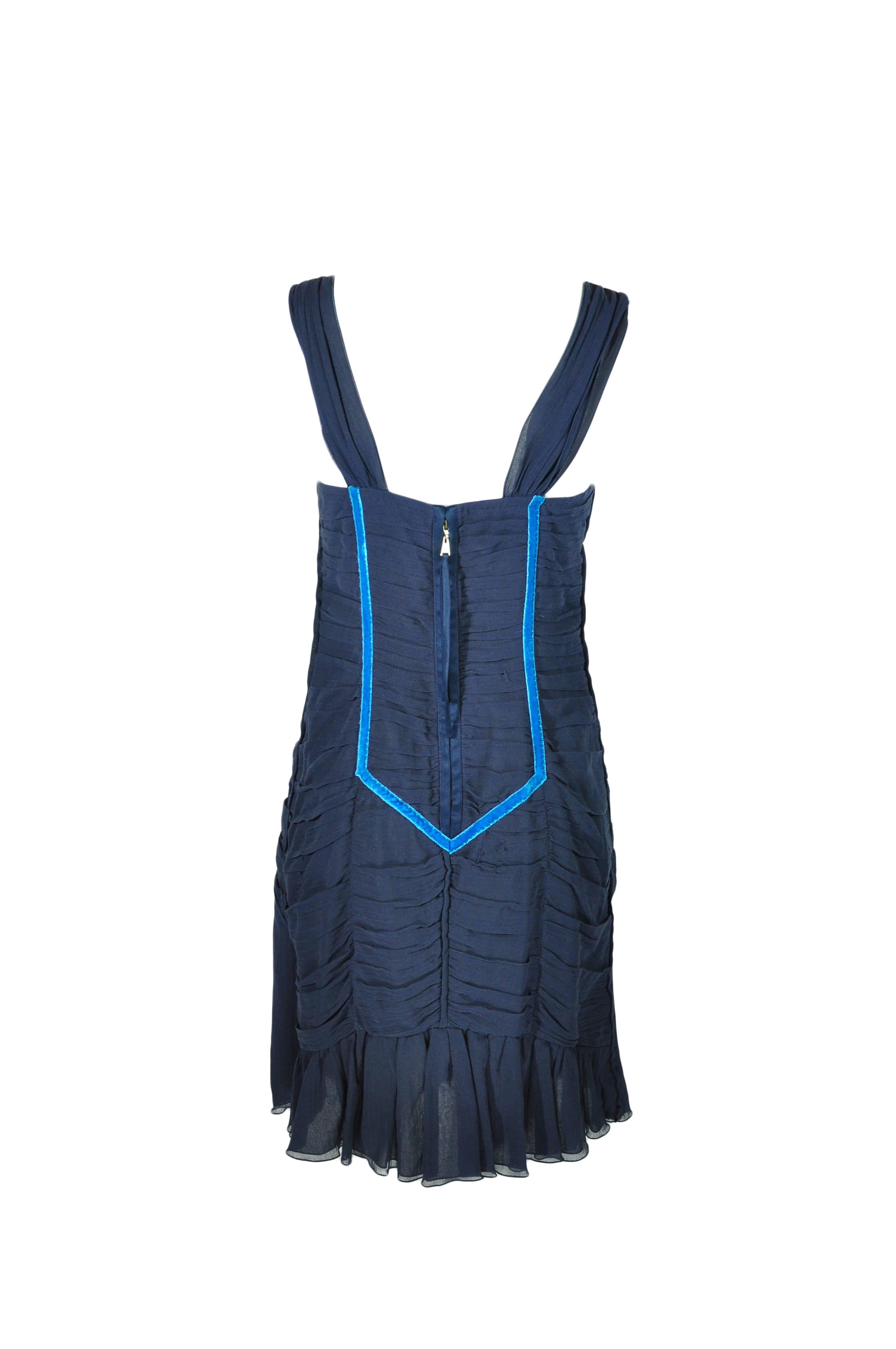 Black Louis Vuitton Ruched and Ruffle Navy Cotton strapped Mini Dress FR38 For Sale