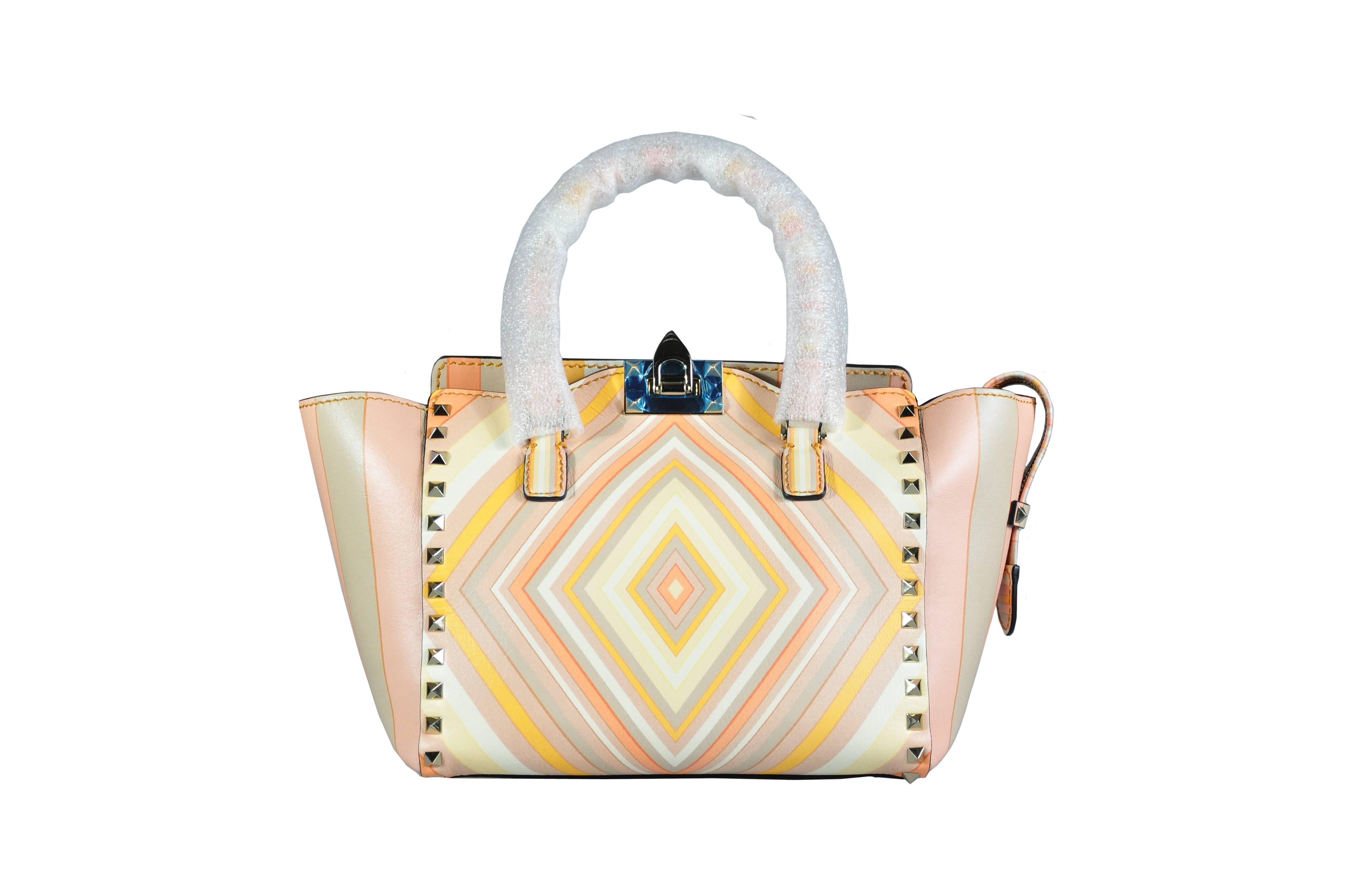 Beige Valentino Rockstud Trapeze Bag in Native Couture 1975 Chevron Print 