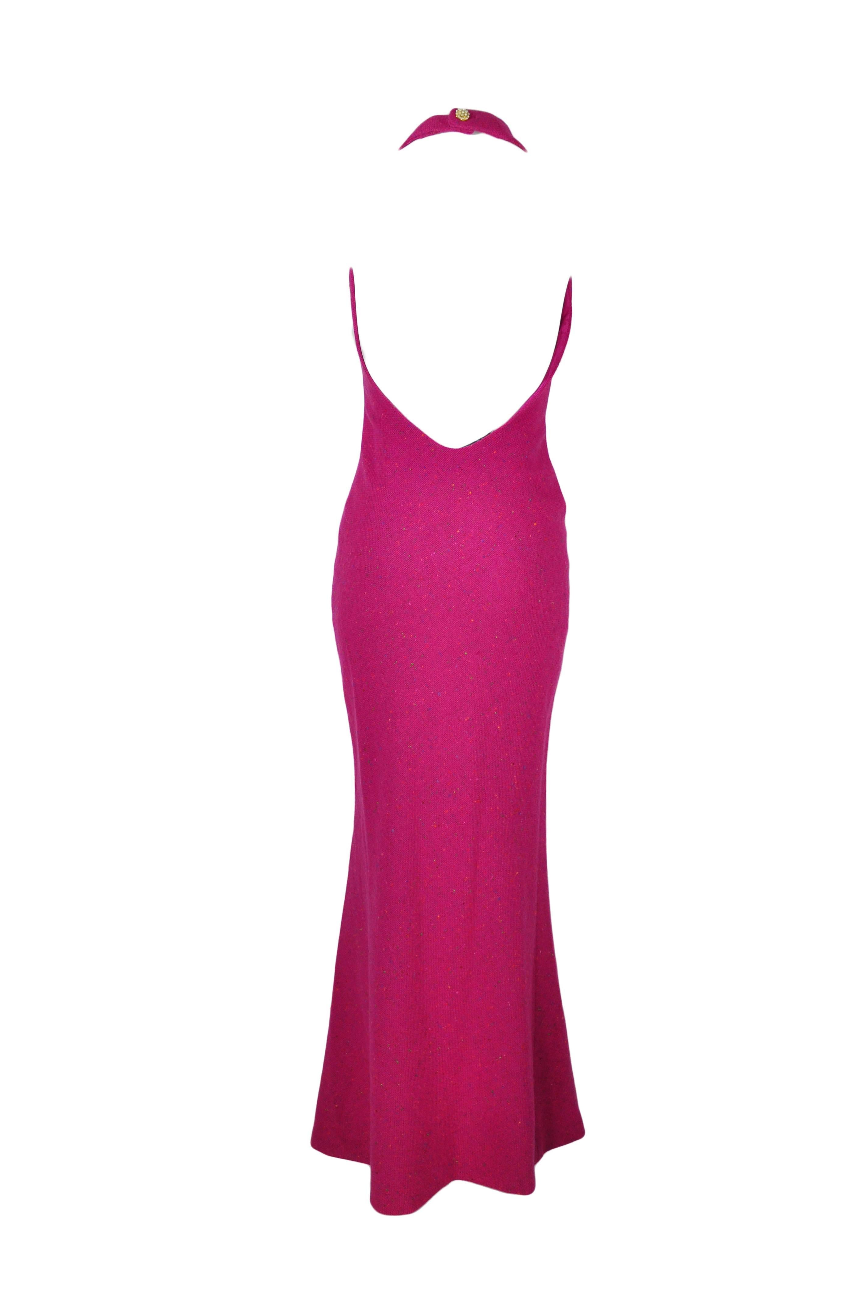 Red Christian Dior Halter Low Back Fuchsia Tweed Maxi Dress For Sale