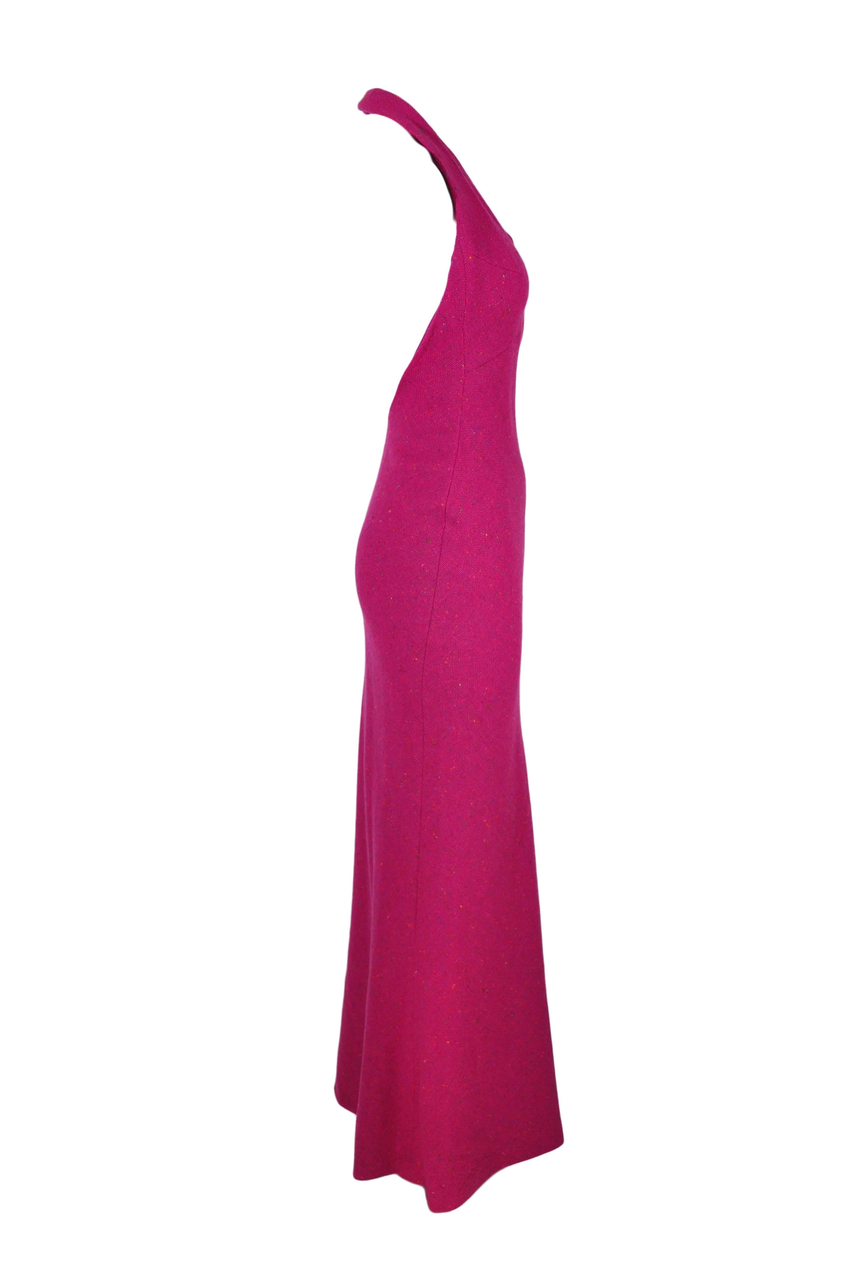 Christian Dior Halter Low Back Fuchsia Tweed Maxi Dress In Excellent Condition For Sale In Hong Kong, Hong Kong