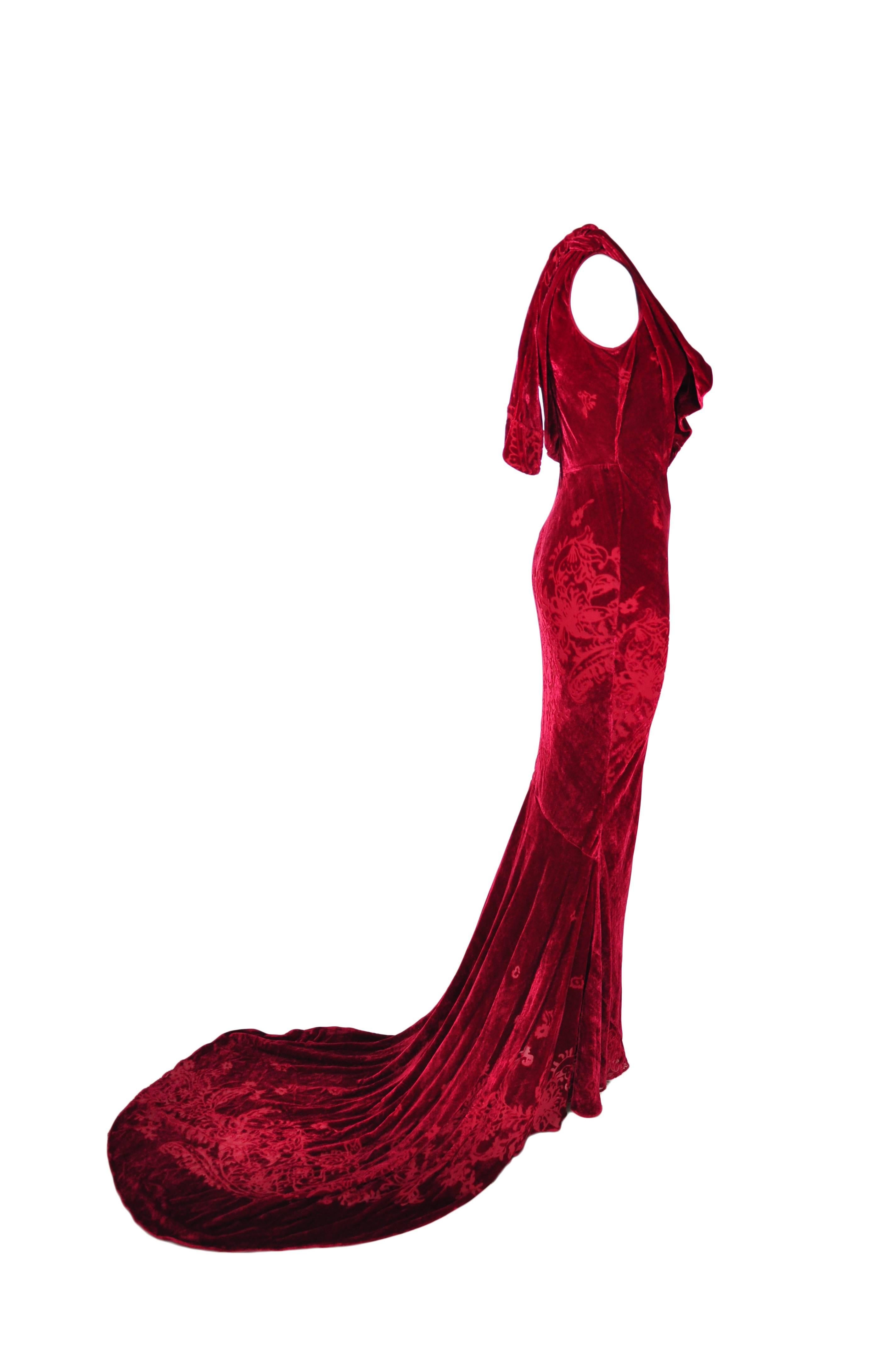 John Galliano Red Velvet Jacquard Bias-cut Evening Gown In Excellent Condition For Sale In Hong Kong, Hong Kong