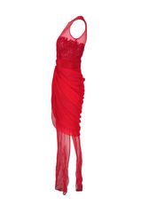 Giambattista Valli Red & Sheer Guipure Lace Appliqued Evening Dress