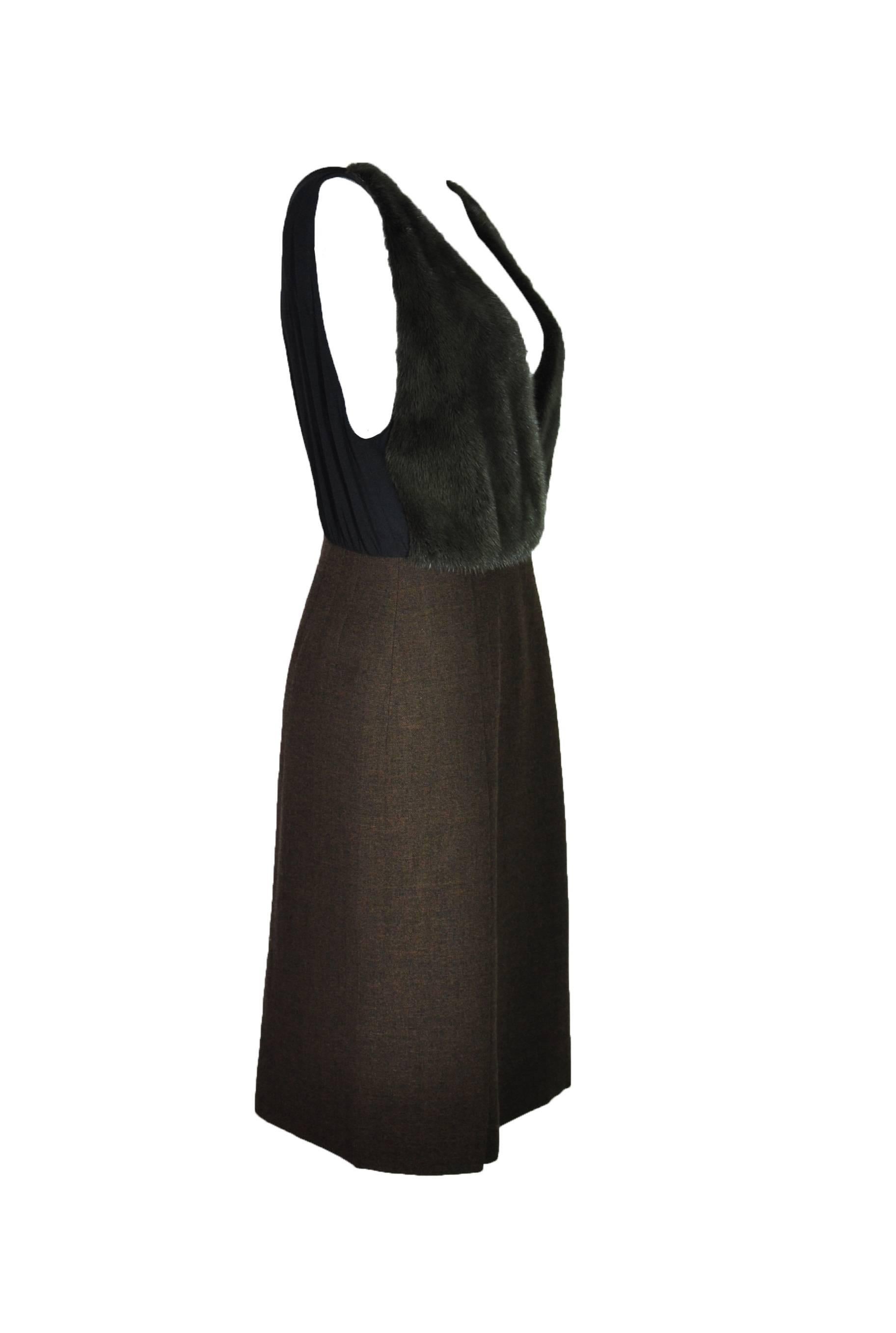 Prada  Bi-color Sleeveless Deep V Neck Green Dyed Mink & Wool Dress In Excellent Condition For Sale In Hong Kong, Hong Kong