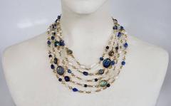 Goossens Paris 5 Row Tinted Blue Rock Crystal and Pearl Necklace