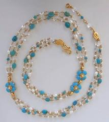 Goossens Paris Turquoise, Pearl, and Rock Crystal Long Clover Necklace