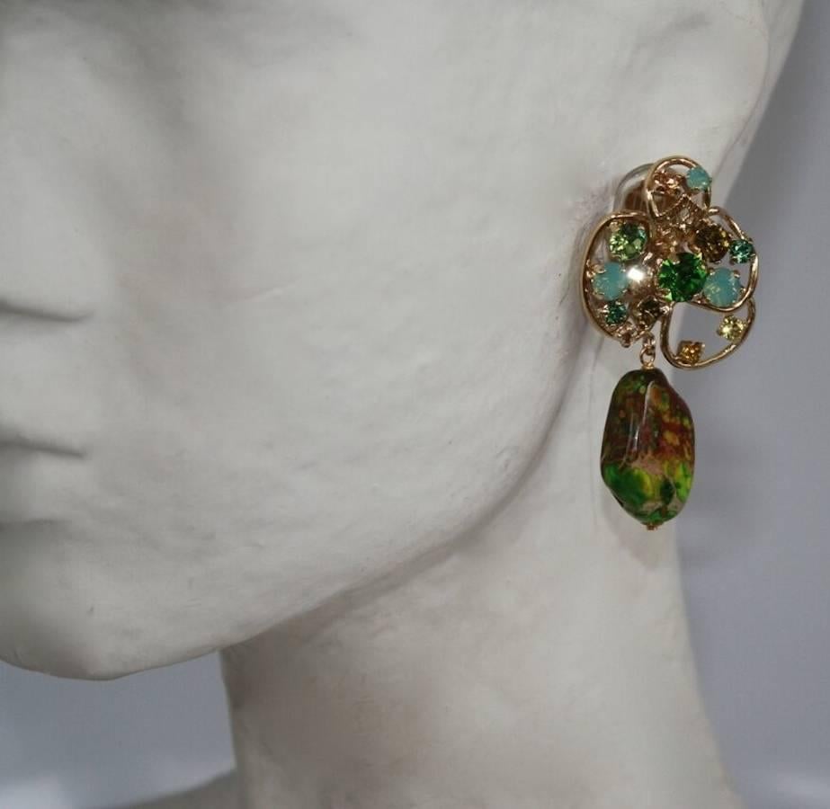 Philippe Ferrandis One of a Kind Malachite and Swarovski Crystal Clip Earrings

2.5