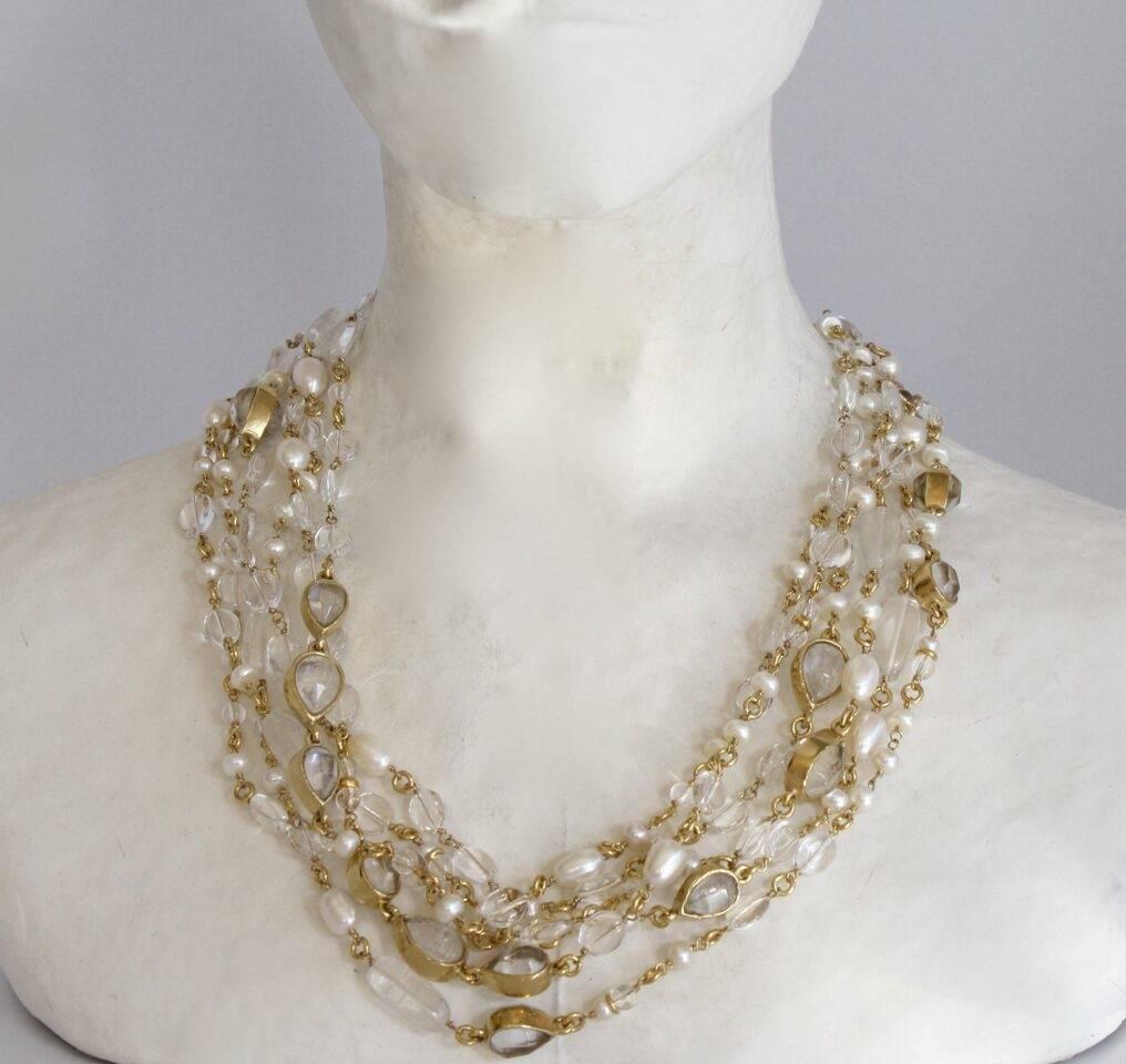 Goossens Paris Long Rock Crystal and Pearl Multi Strand Necklace In New Condition In Virginia Beach, VA