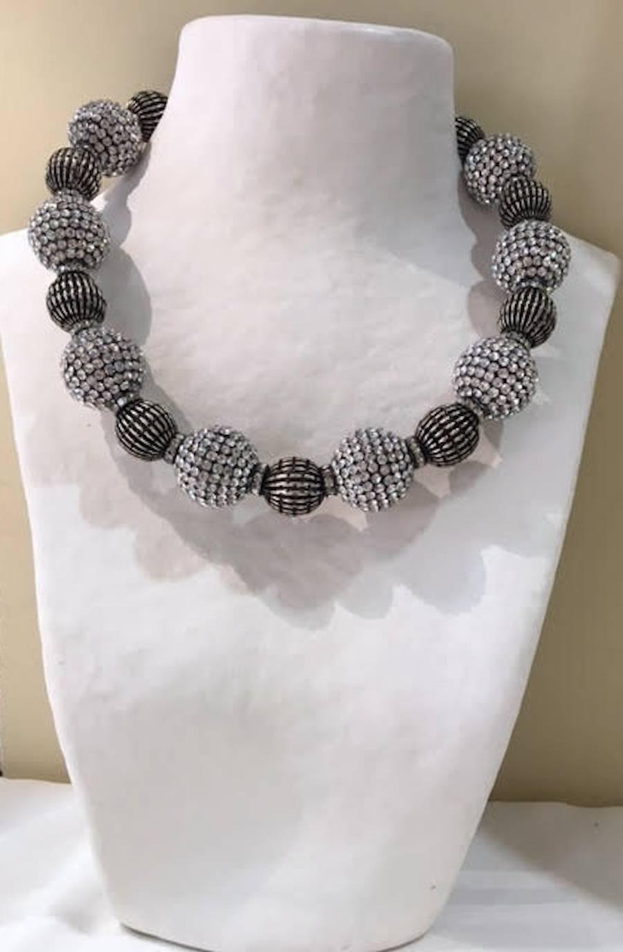 Francoise Montague Bellagio antique silver bead and clear Swarovski Crystal bead choker necklace. Hand made in Paris. 