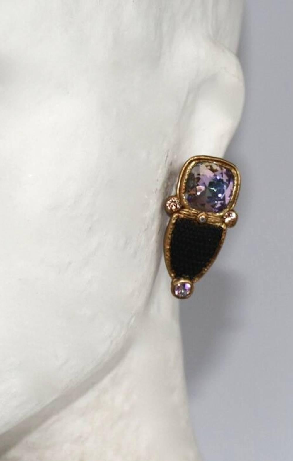 Black Vintage glass and lavender Swarovski Crystal clip earrings set in papier-mâché from designer Ella K. 