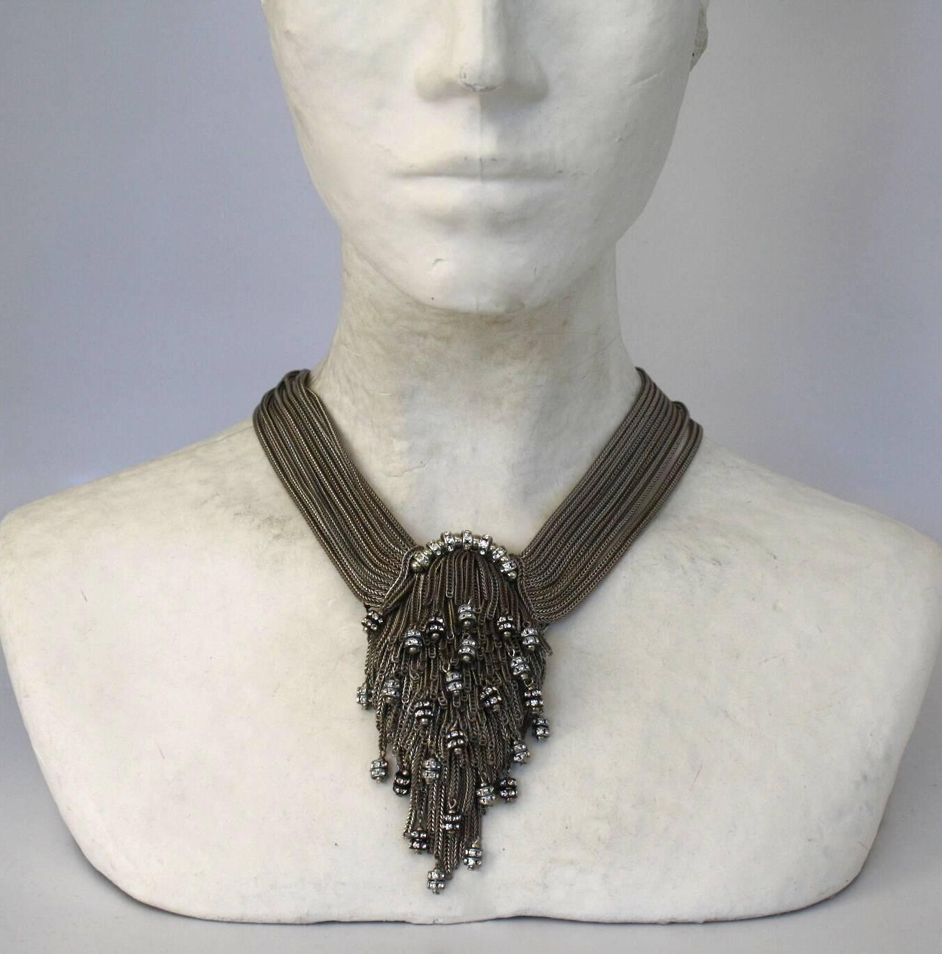 Rhodium chain necklace with cascade center and Swarovski crystal detailing from Francoise Montague. 