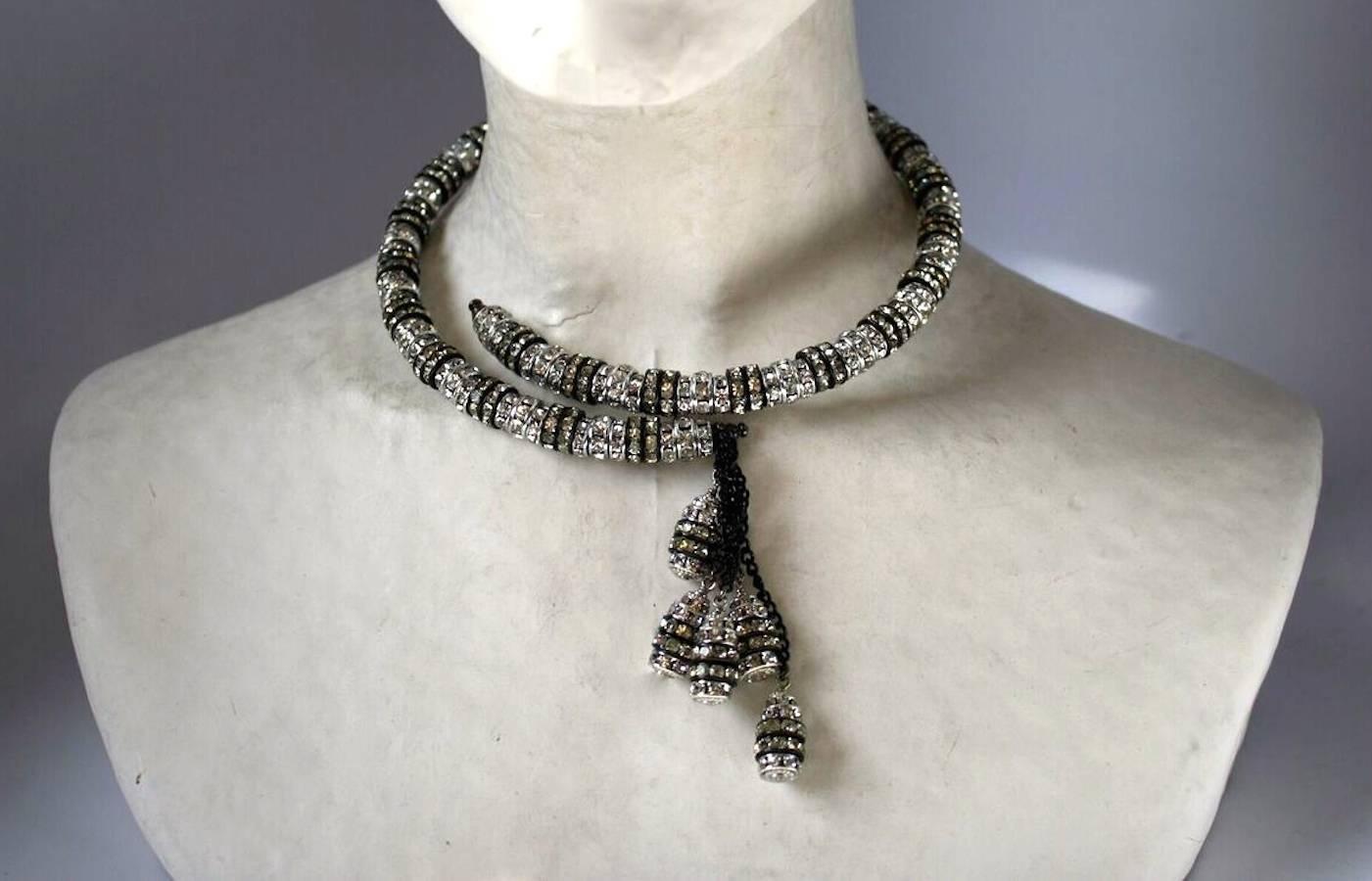 Swarovski Crystal rondelles set in rhodium are strung on molded wire, creating an easy to wear and elegant necklace from Francoise Montague.