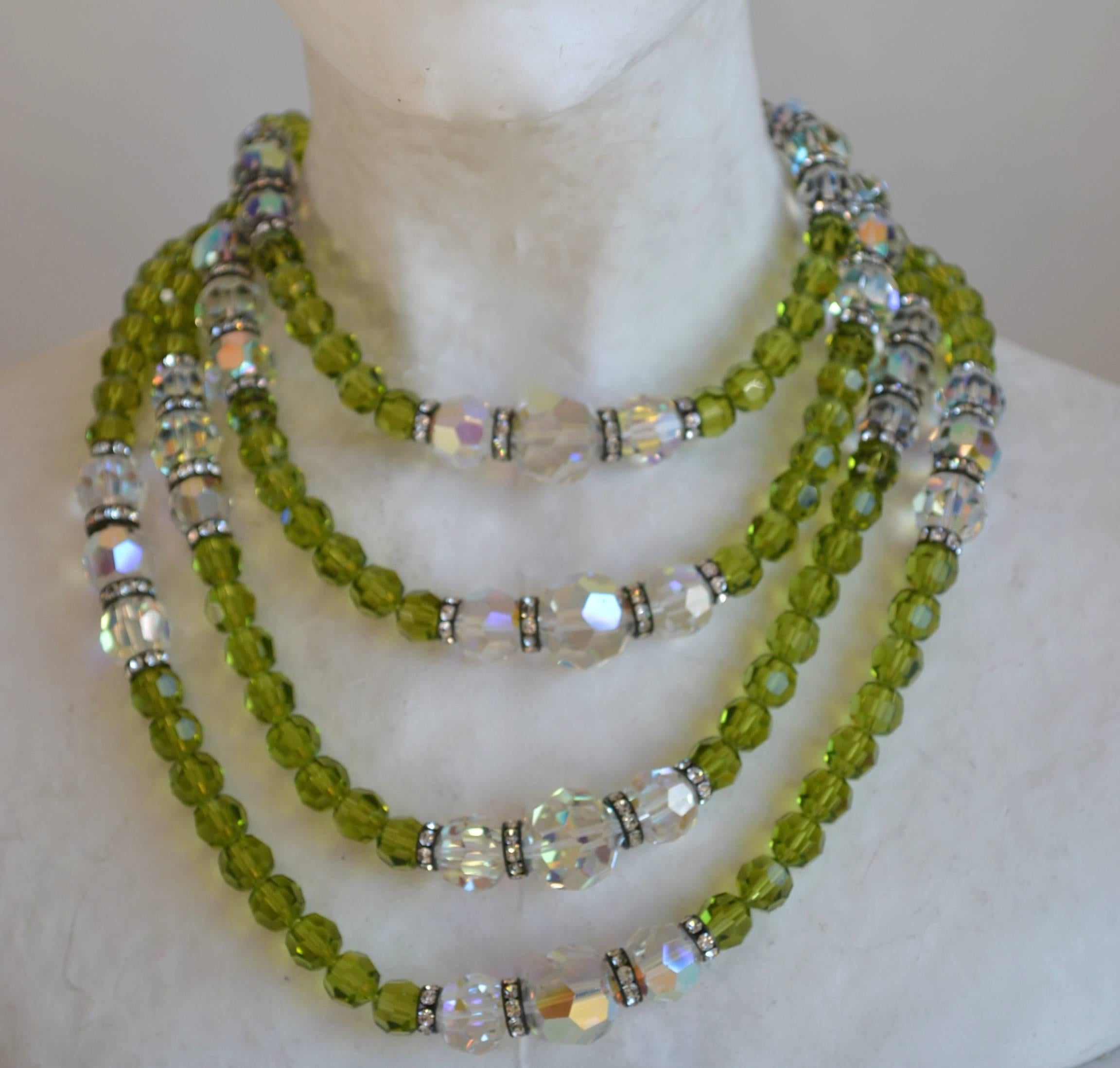 Multi row hand cut green and clear glass beads with Swarovski crystal rondelles from Francoise Montague. 

Shortest row is 15