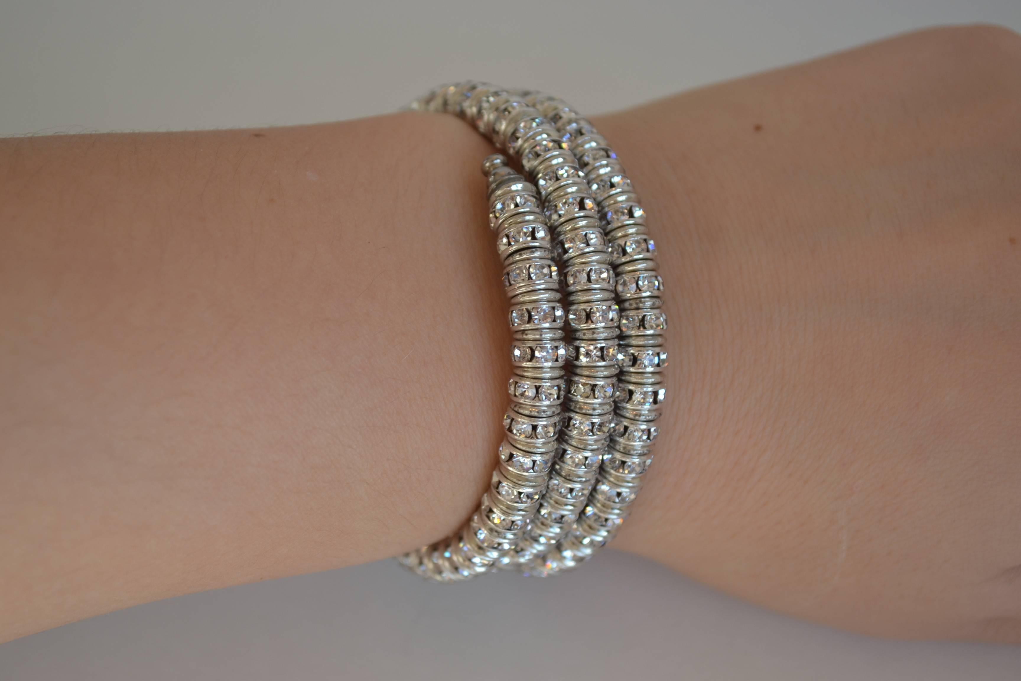 Memory wire wrap bracelet with clear Swarovski crystal rondelles from Francoise Montague. Fits most wrists both large and small and is easy to take on and off.