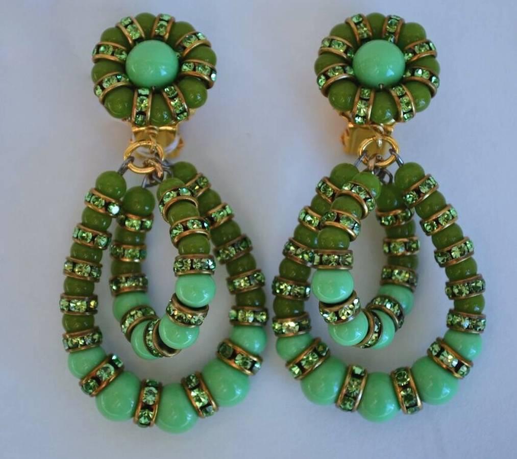 Gorgeous "Lolita" clip earrings in green glass with Swarovski crystal rondelles from Francoise Montague.