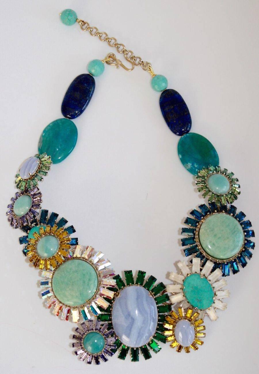 Magnificent necklace from Philippe Ferrandis' Spring 2017 Constellation collection. Made with chalcedony, tinted agate, jasper, turquoise and Swarovski crystal. 

16.5