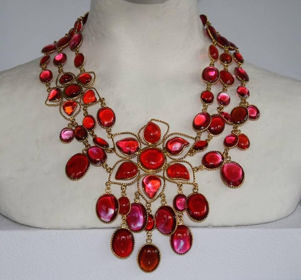 One of a kind, handmade for Isabelle K, French poured glass (Pate de Verre) exquisite deep pink triple row floral necklace. 

19