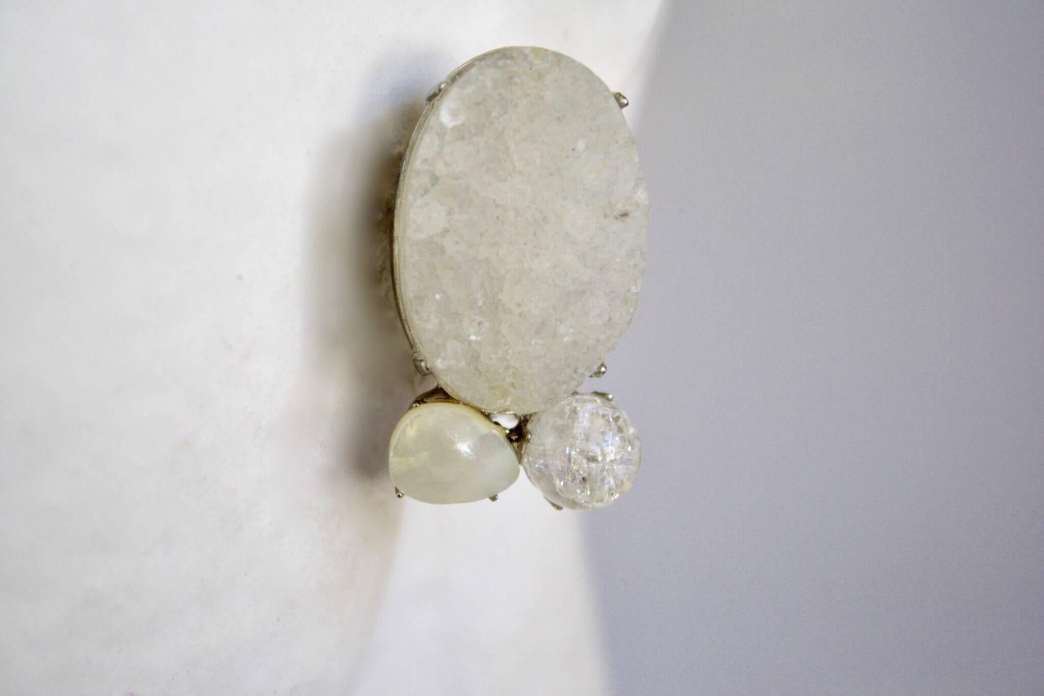 Vintage clip earrings from designer Siman Tu. Made with druzy, quartz, and mother of pearl. 

1.5" long 
.75" wide