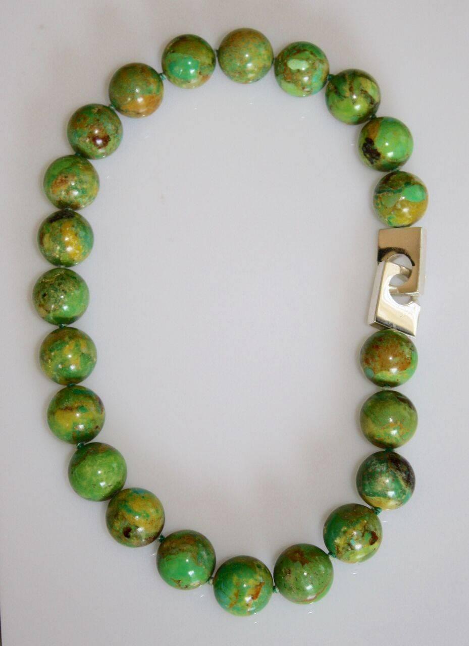 Patricia von Musulin Green Turquoise Bead Necklace with Sterling Silver Clasp.