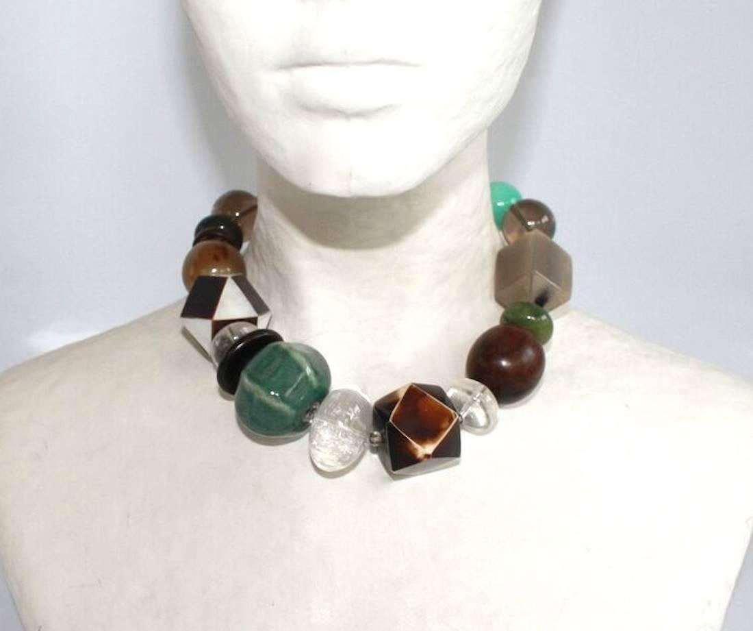 Limited series Philippe Ferrandis rock crystal, wood, jade, amazonite, porcelain and smoky quartz necklace. 