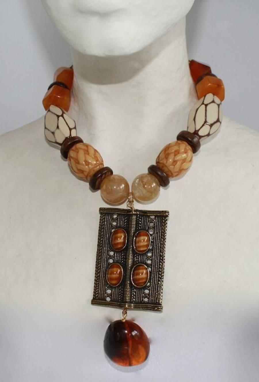 Philippe Ferrandis Limited Series Glass, Wood, Carnelian, and Citrine Necklace In New Condition In Virginia Beach, VA