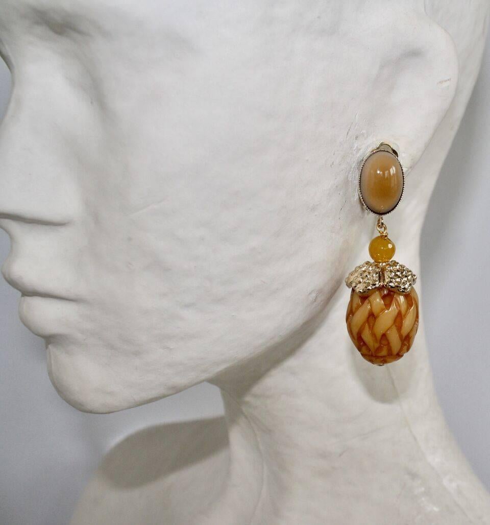 One of a Kind Philippe Ferrandis Glass Cabochon, Resin, and Swarovski Crystal Clip Earrings.

2.5" long