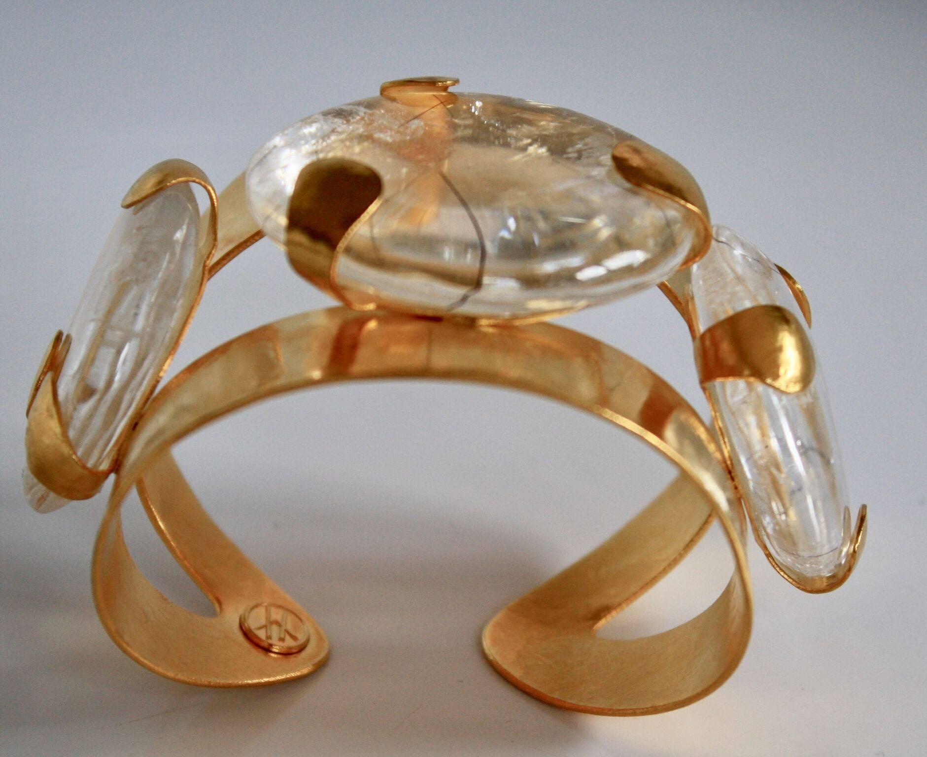 Modern Herve van der Straeten Gilded Brass Cuff With 3 Rock Crystals