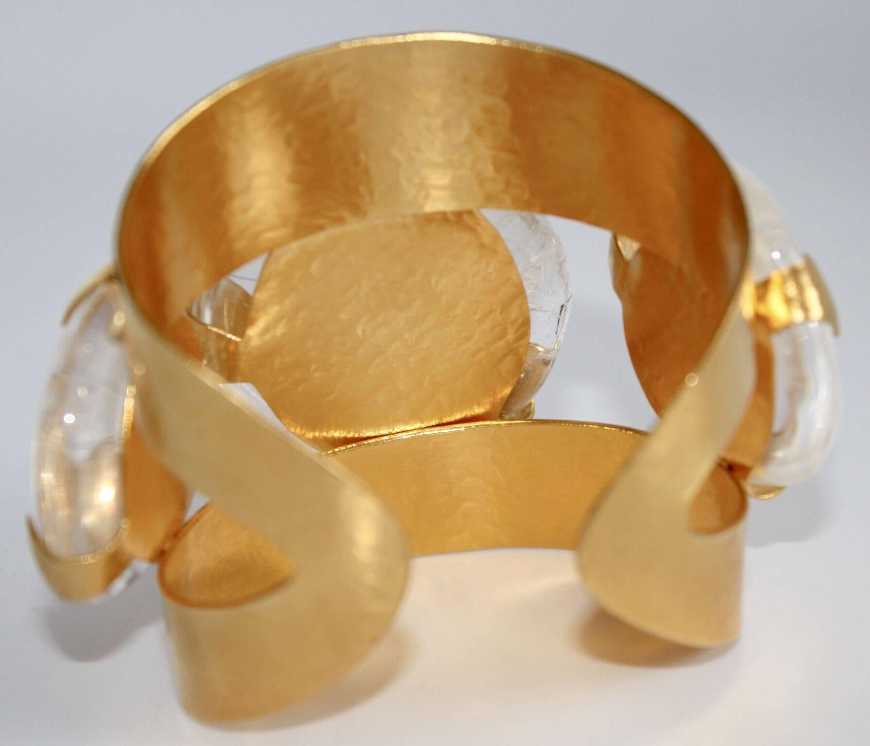Herve van der Straeten Gilded Brass Cuff With 3 Rock Crystals In New Condition In Virginia Beach, VA