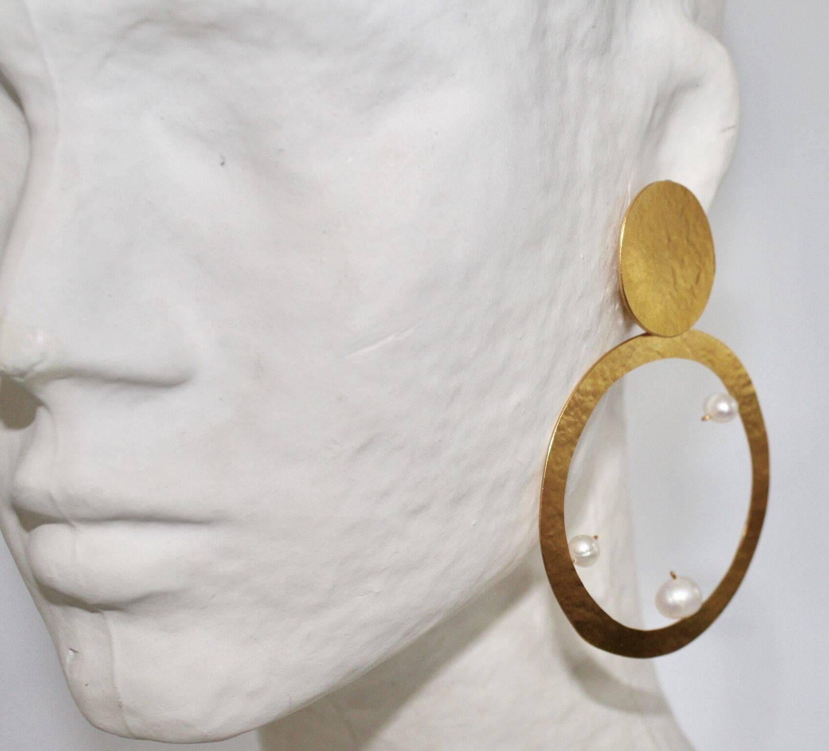 Modern Herve van der Straeten Gilded Brass Clip Earrings with Pearl Details