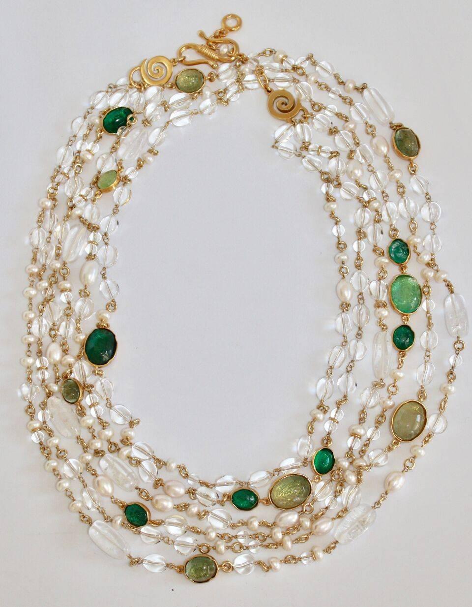 Goossens Paris Pearl and Tinted Green Rock Crystal Triple Row Long Necklace In New Condition In Virginia Beach, VA