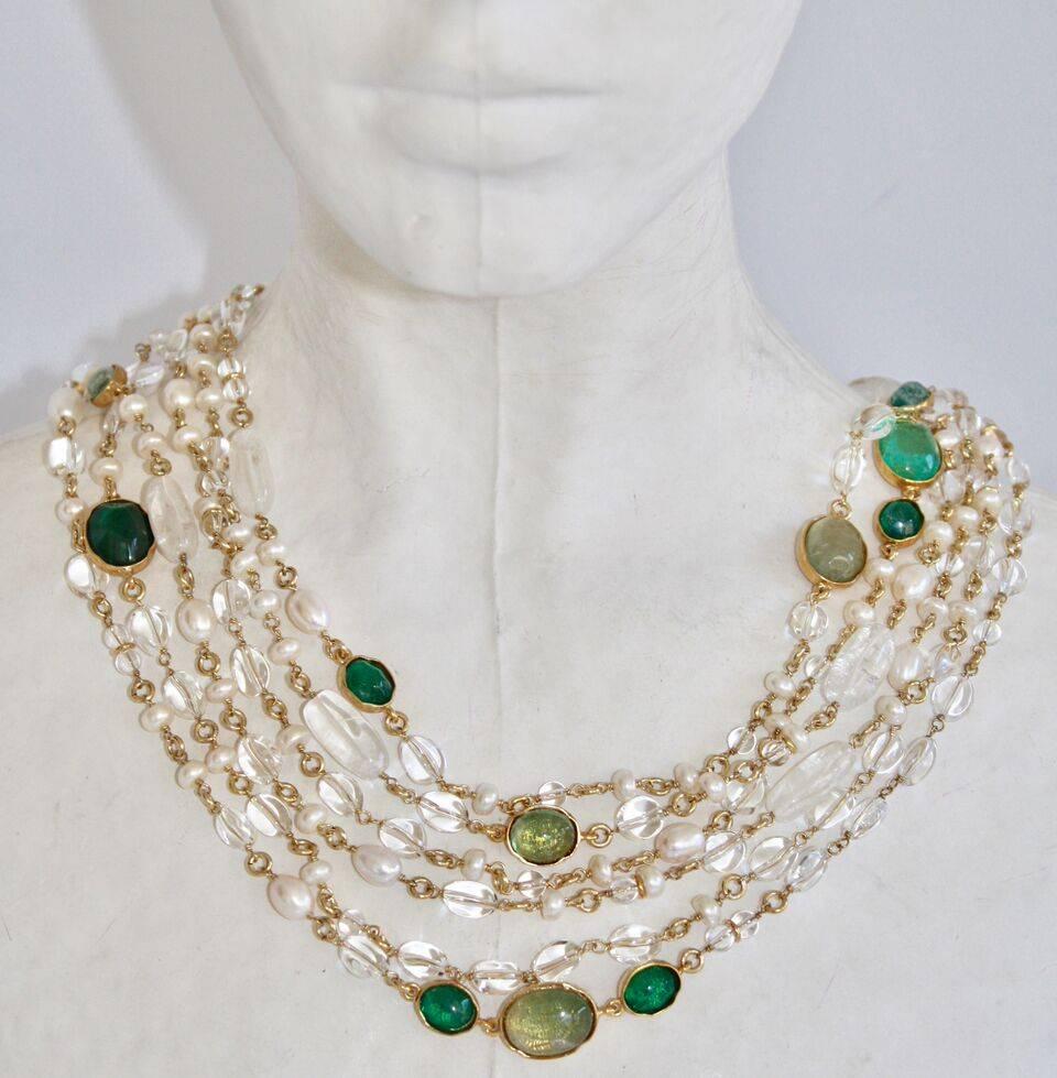 Women's Goossens Paris Pearl and Tinted Green Rock Crystal Triple Row Long Necklace