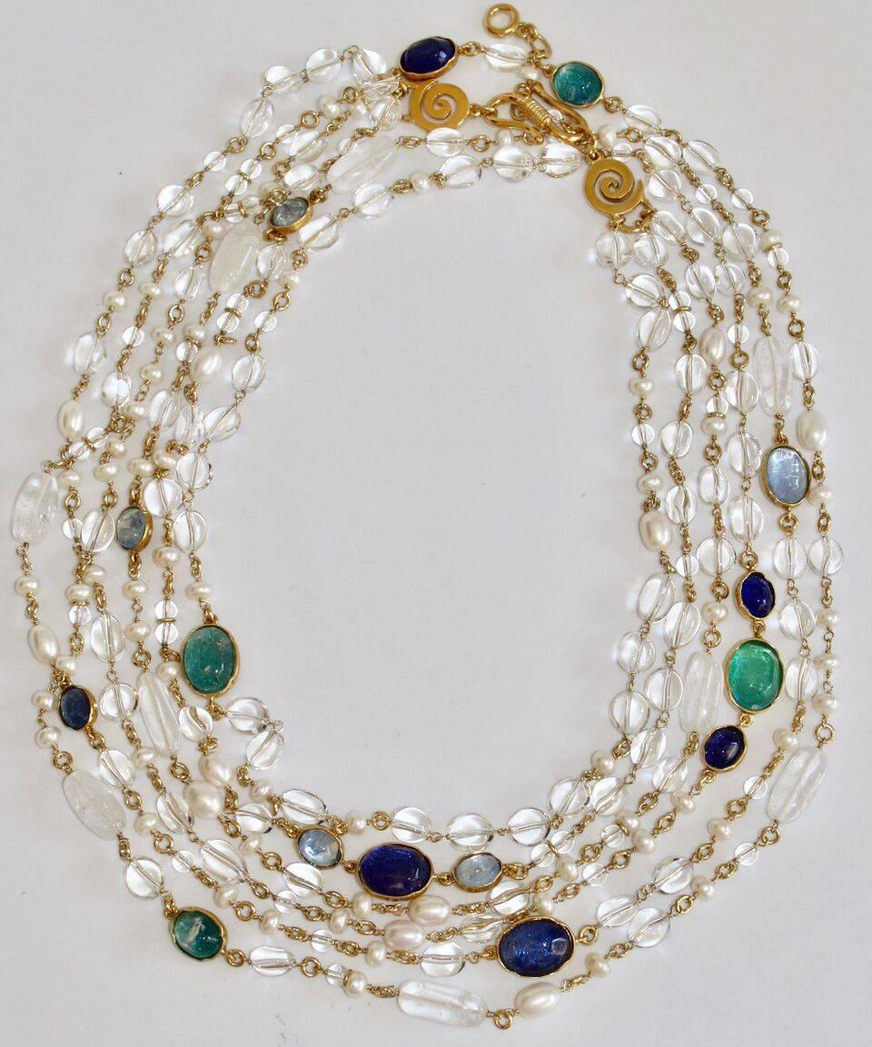 Goossens Paris Pearl and Tinted Blue Rock Crystal Triple Row Long Necklace In New Condition In Virginia Beach, VA