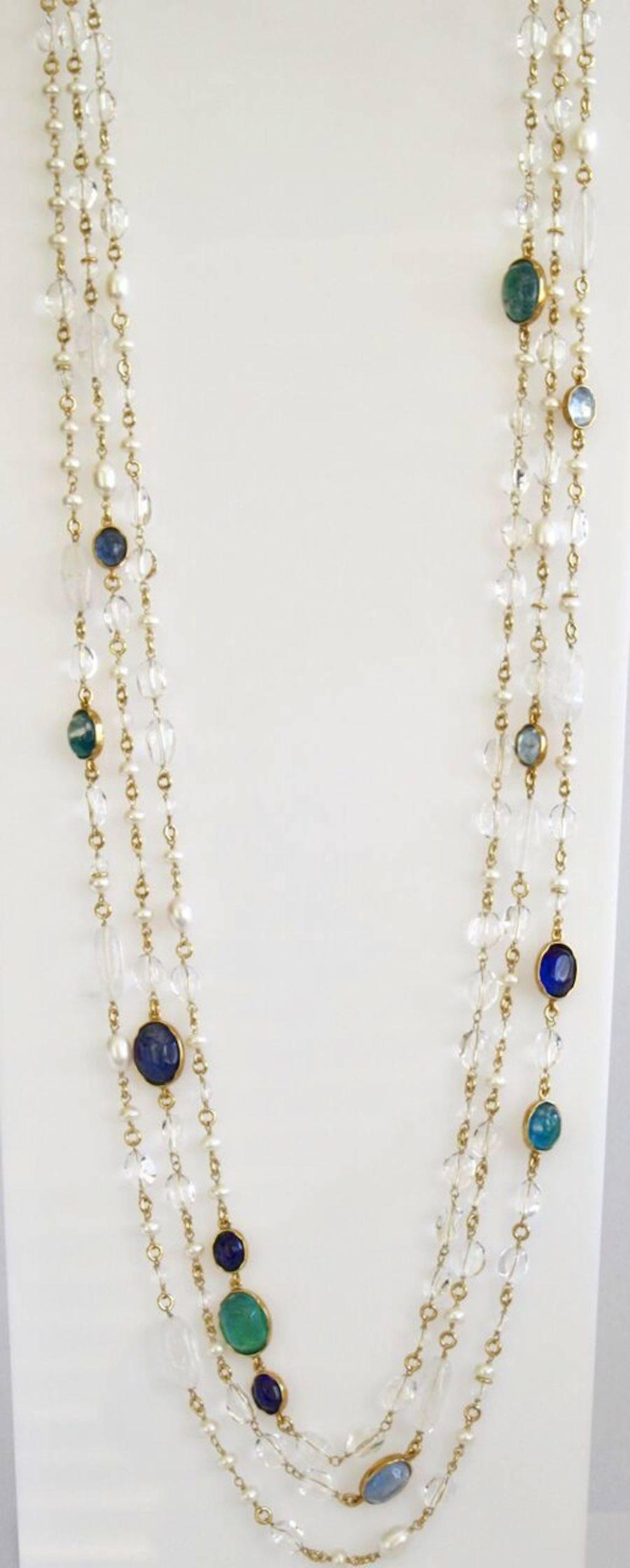Women's Goossens Paris Pearl and Tinted Blue Rock Crystal Triple Row Long Necklace