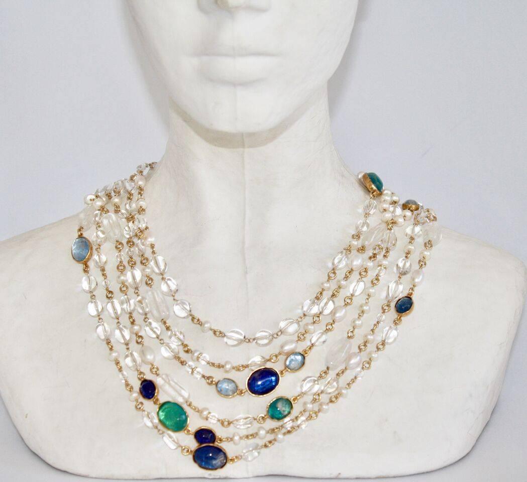 Goossens Paris triple row necklace with clear rock crystals, hand tinted blue rock crystals, and natural pearls. Item can be worn long or can be doubled and turned into a luxurious 6 row necklace.   50