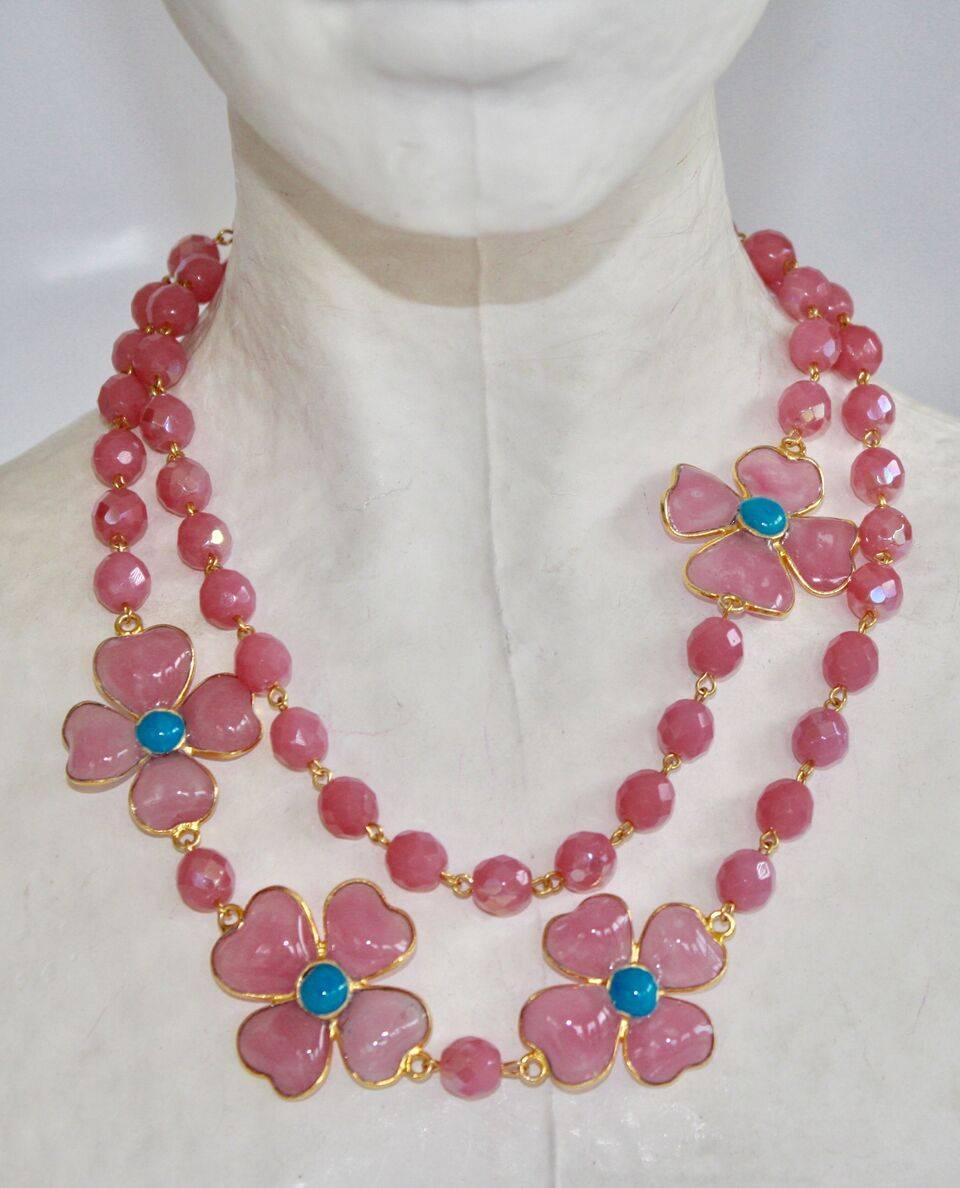 Francoise Montague hand poured pate de verre glass necklace in fabulous shades of pink and turquoise. Can be worn long or doubled- as shown in images. 