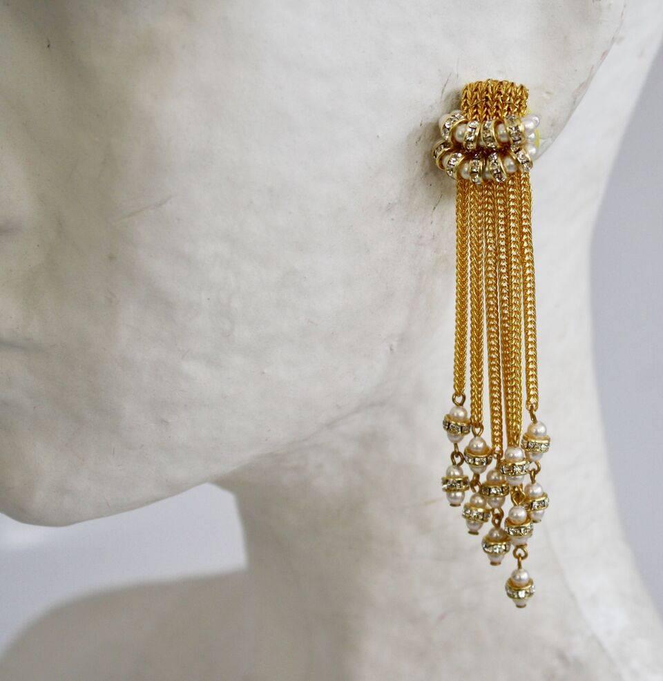 Francoise Montague Gold Tassel Clip Earrings with Glass Pearls and Crystals In New Condition In Virginia Beach, VA