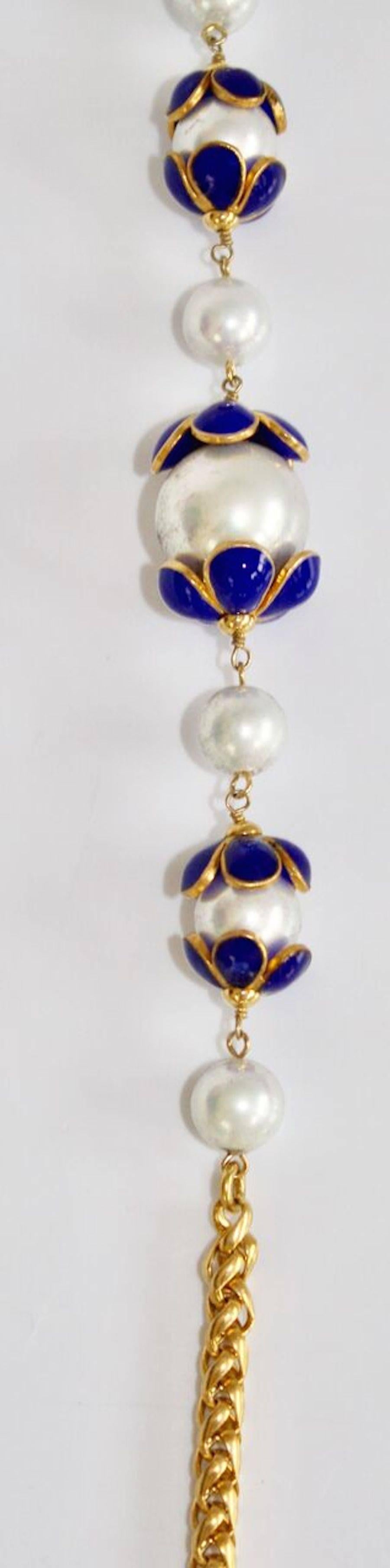 Francoise Montague Glass Pearl and Lapis Blue Pate de Verre Sautoir Necklace 2