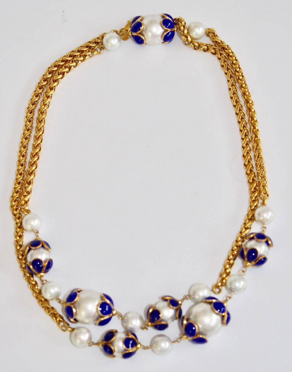 Vintage gold chain sautoir necklace with glass pearls and blue pate de verre glass flowers from Francoise Montague. 